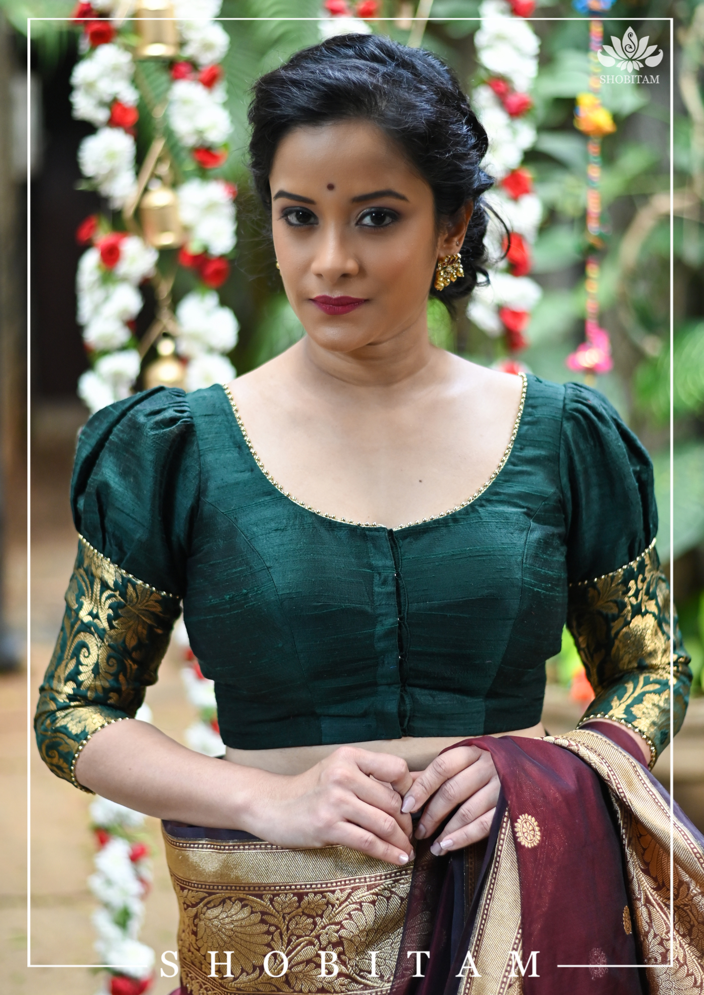 Sacramento Green Puff Sleeve Blouse with Banarasi Brocade Detailing | Shobitam