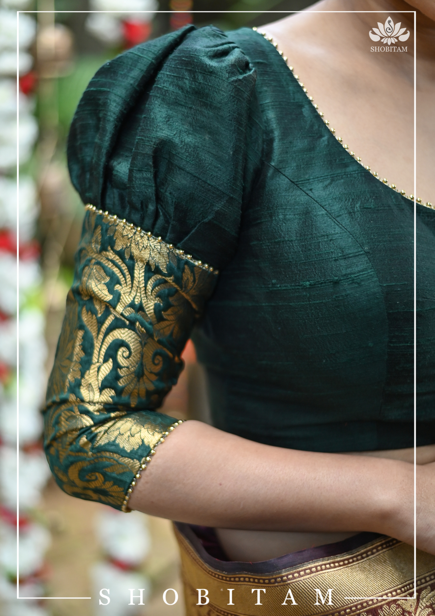 Sacramento Green Puff Sleeve Blouse with Banarasi Brocade Detailing | Shobitam