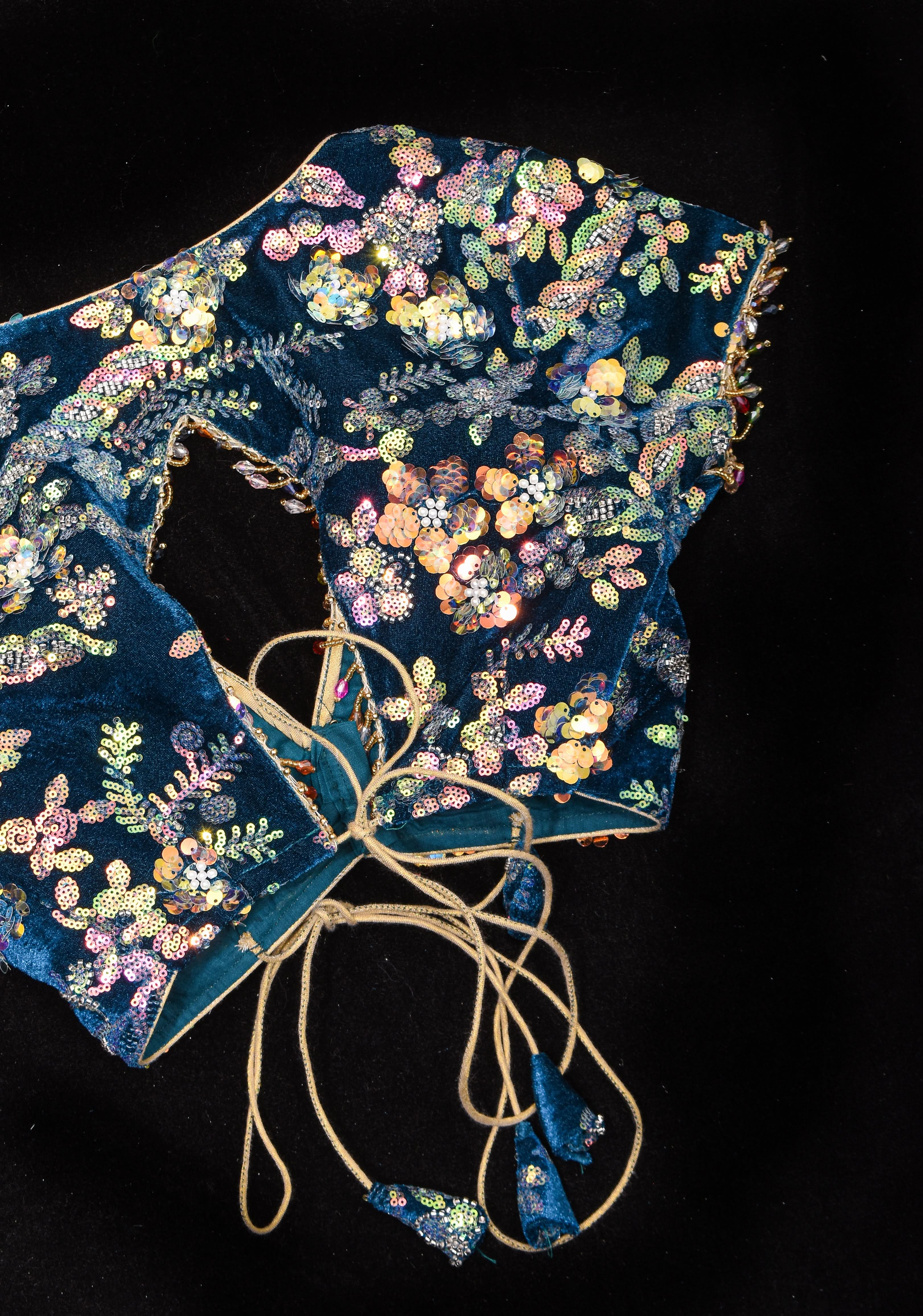 Teal Velvet 3D sequin arch back tie blouse with multicolor danglers, Made to Order | Shobitam
