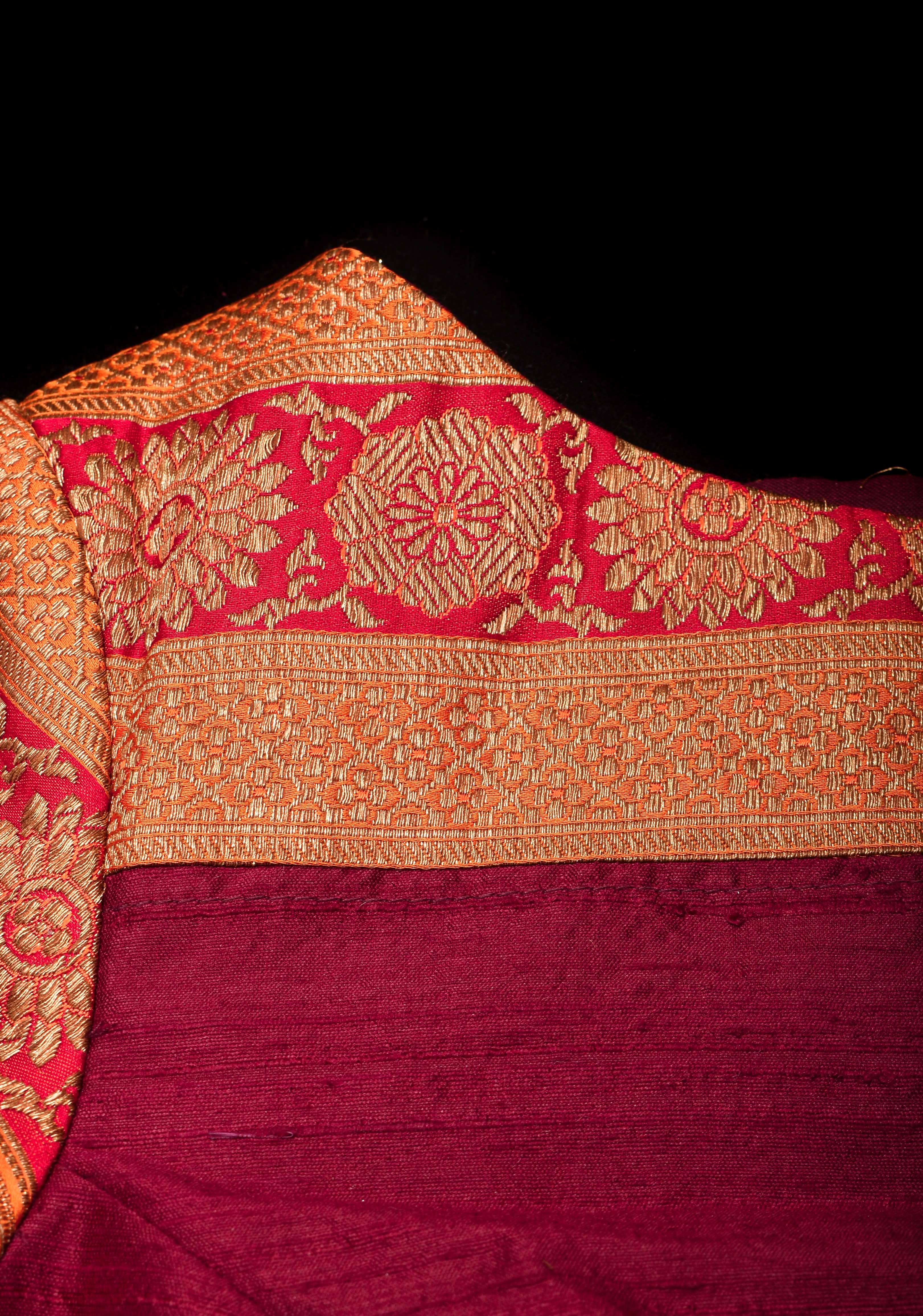 Maroon Pure Raw Silk Blouse With Antique Tone Zari Panel, Customizable, Made to Order | Shobitam