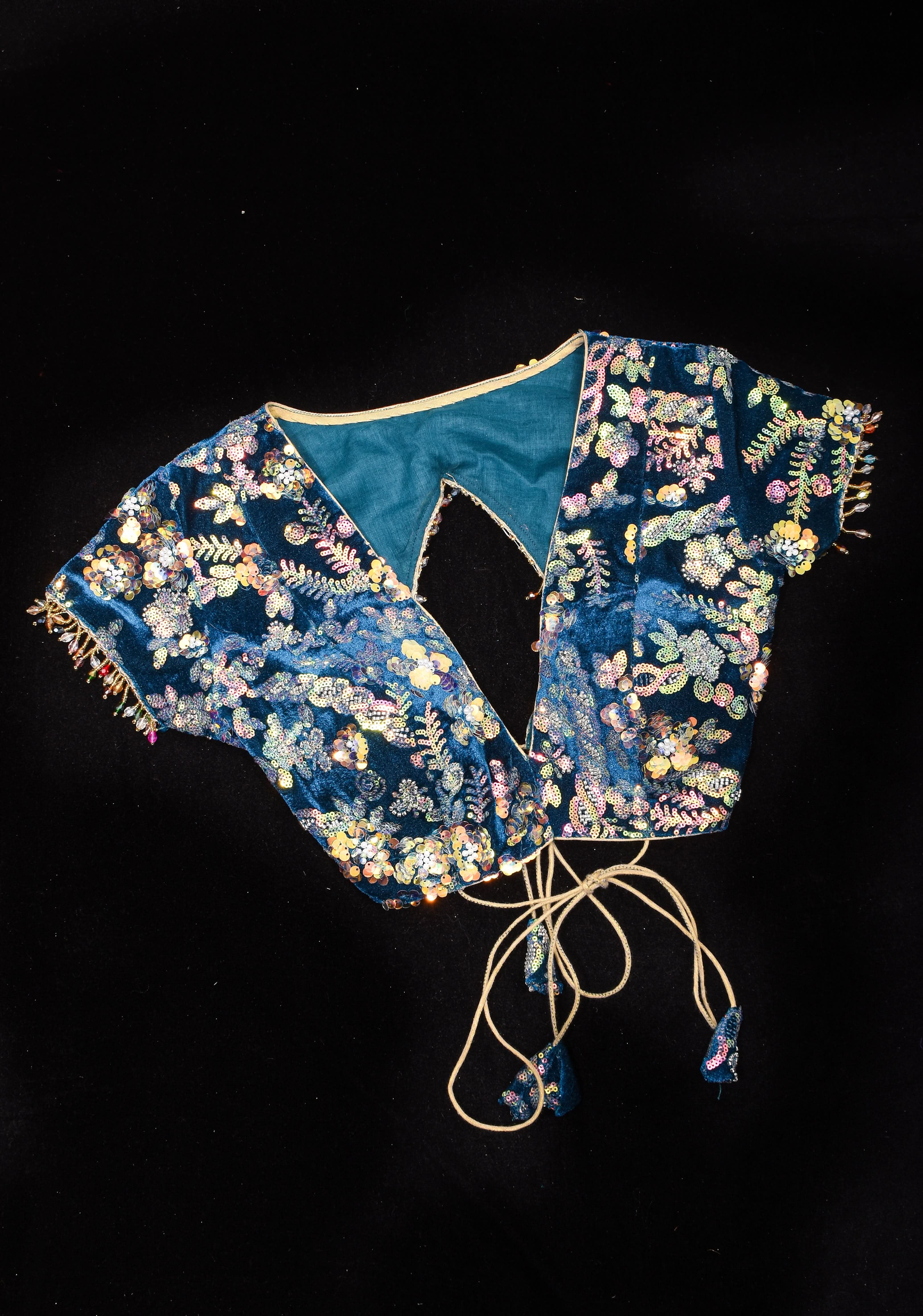Teal Velvet 3D sequin arch back tie blouse with multicolor danglers, Made to Order | Shobitam