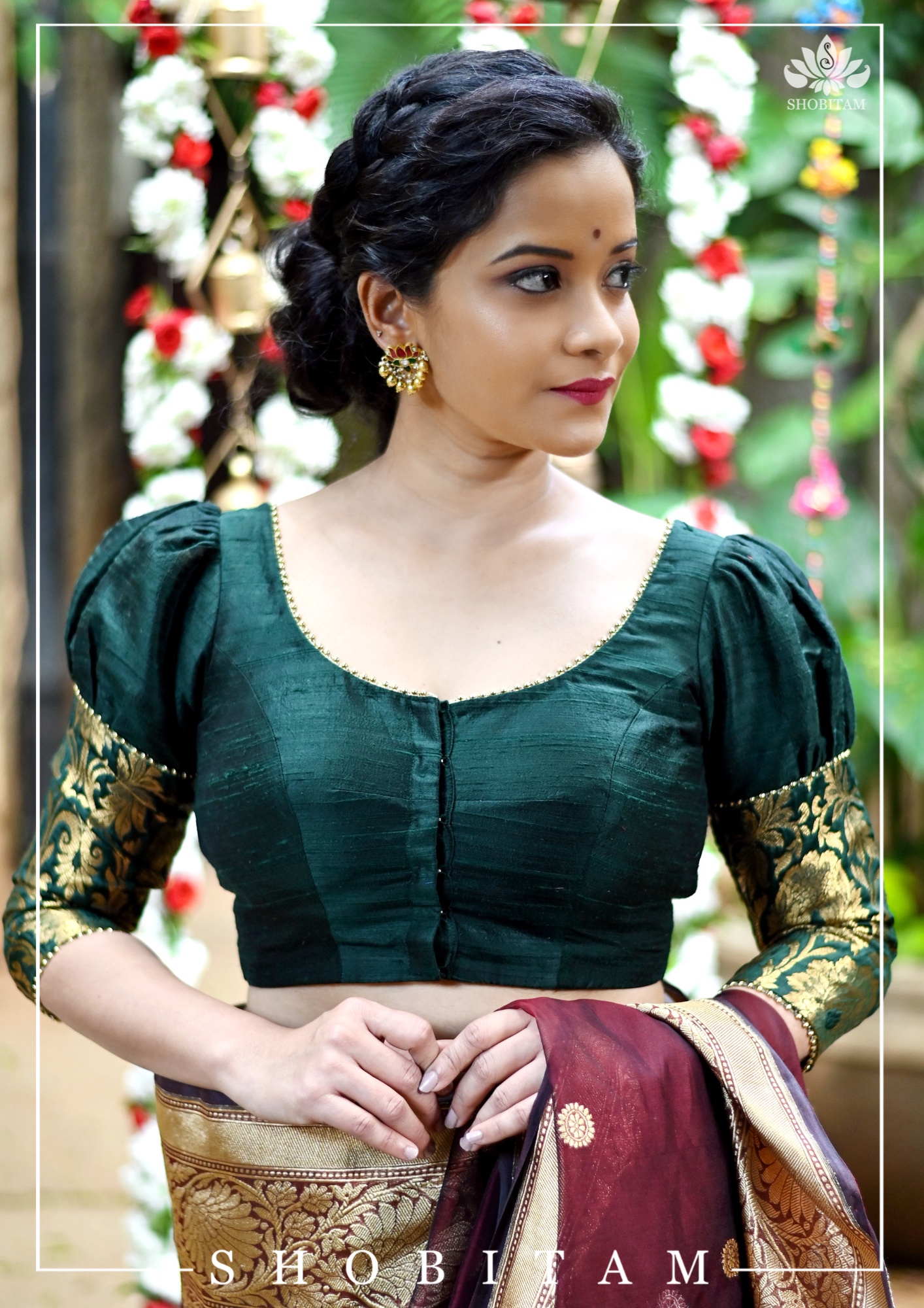 Sacramento Green Puff Sleeve Blouse with Banarasi Brocade Detailing | Shobitam