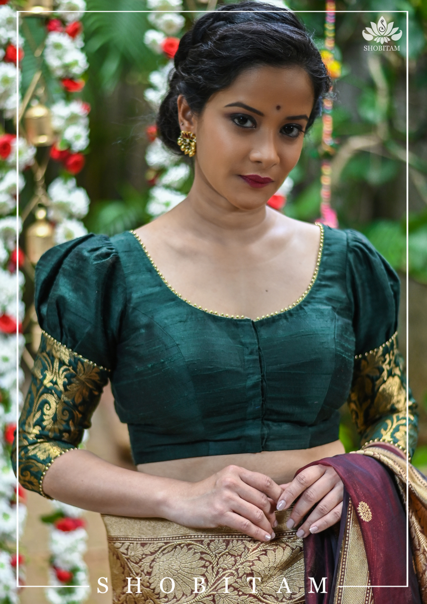 Sacramento Green Puff Sleeve Blouse with Banarasi Brocade Detailing | Shobitam