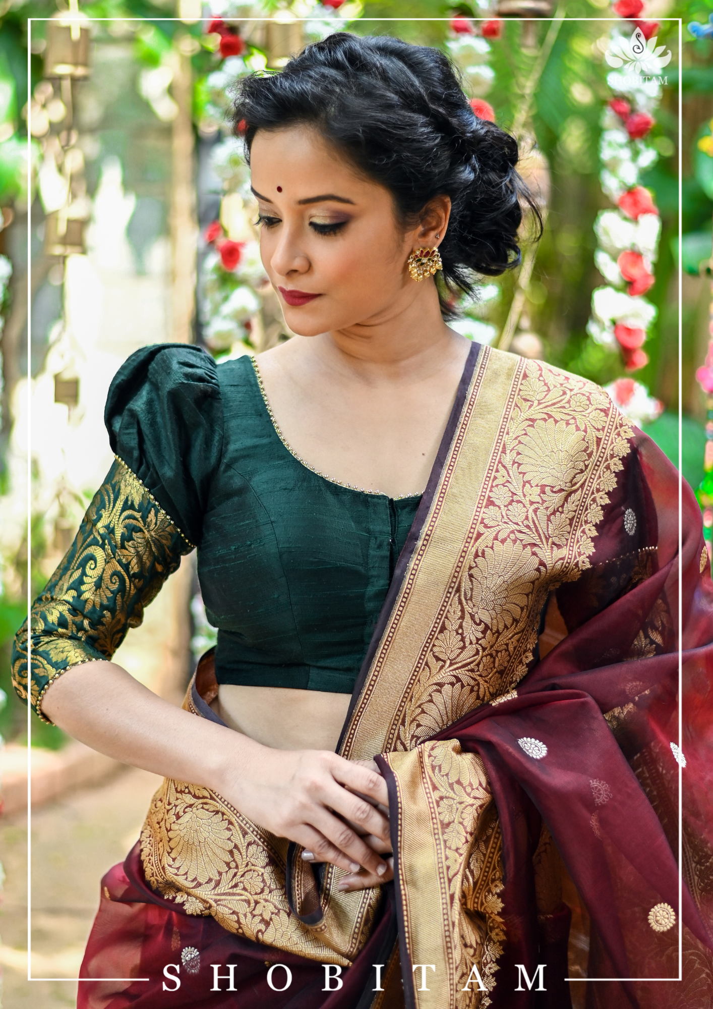 Sacramento Green Puff Sleeve Blouse with Banarasi Brocade Detailing | Shobitam