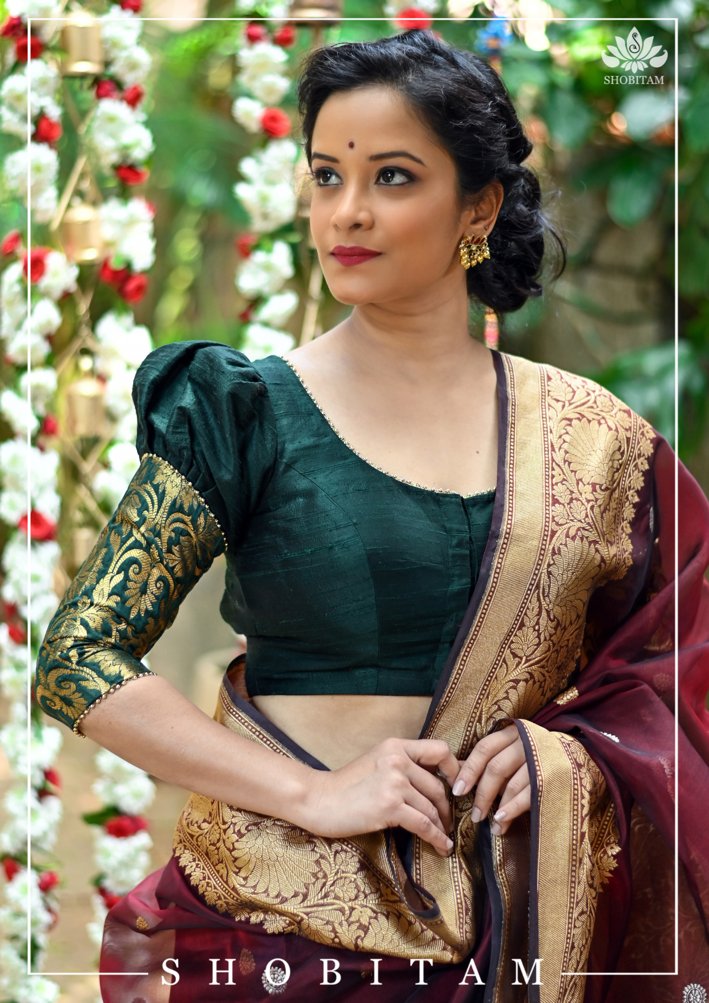 Sacramento Green Puff Sleeve Blouse with Banarasi Brocade Detailing | Shobitam