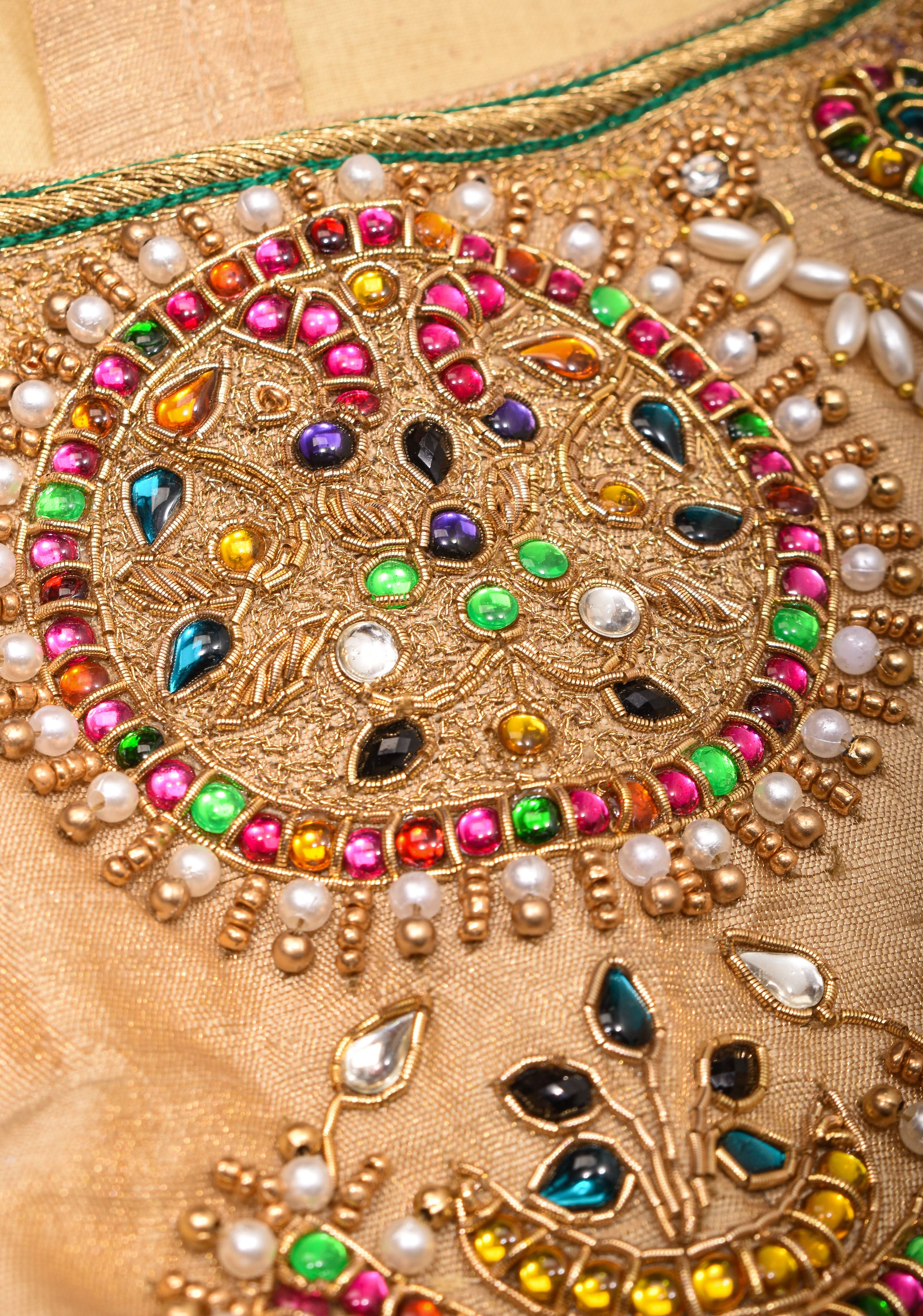 Sandalwood Color Pure Raw Silk Tissue Blouse with multicolor stone Necklace and Bajuband Handwork, Made to Order | Shobitam
