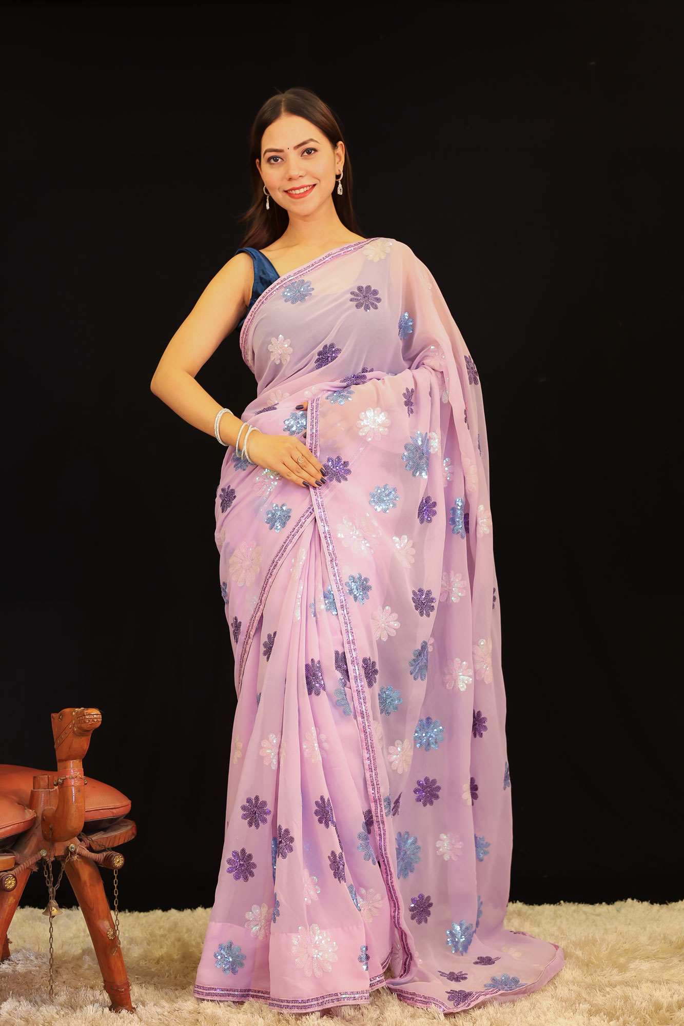 Lavender Toned Georgette With Sequin Interwoven Motif & Lace border 1 Minute Saree