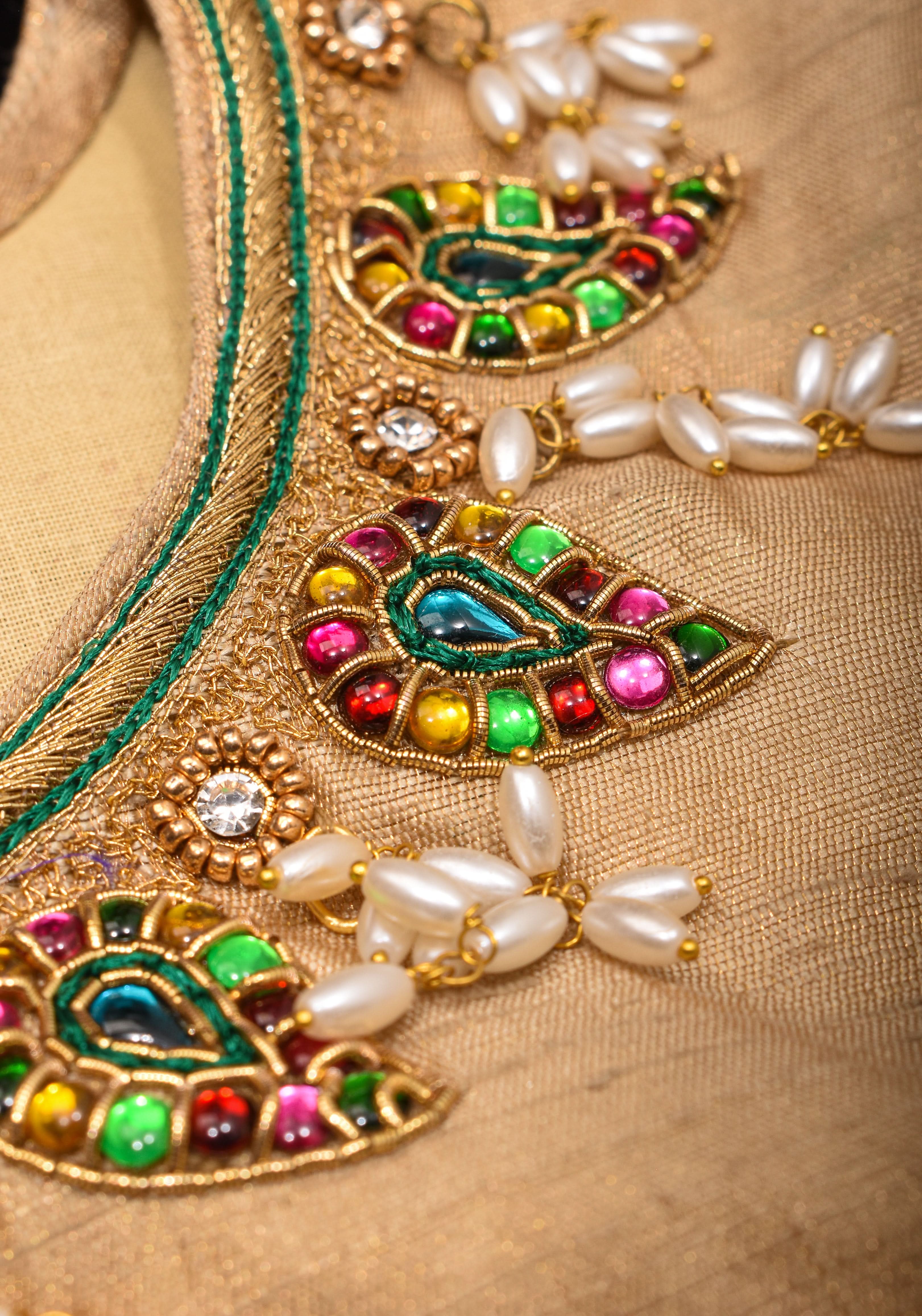 Sandalwood Color Pure Raw Silk Tissue Blouse with multicolor stone Necklace and Bajuband Handwork, Made to Order | Shobitam