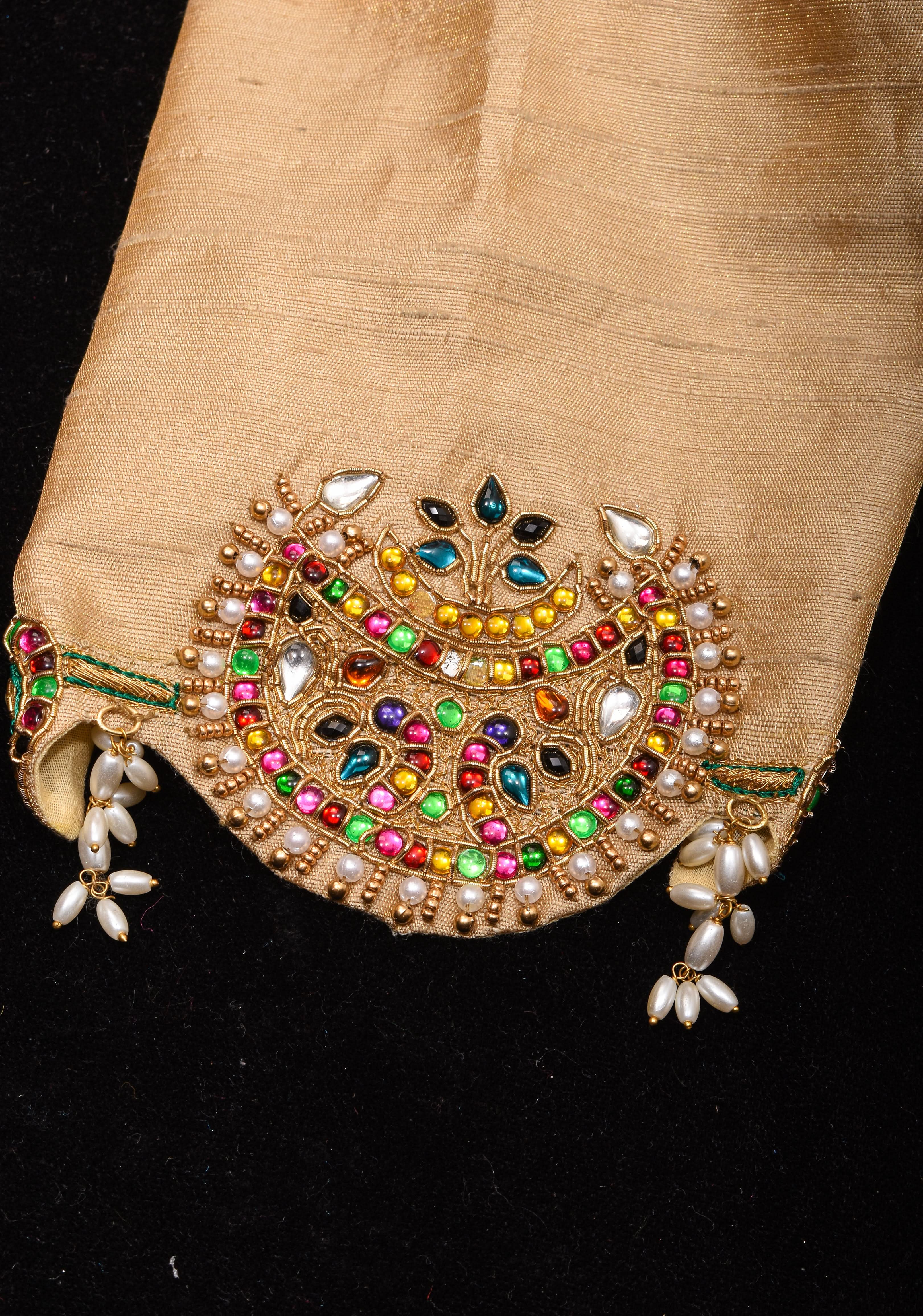 Sandalwood Color Pure Raw Silk Tissue Blouse with multicolor stone Necklace and Bajuband Handwork, Made to Order | Shobitam