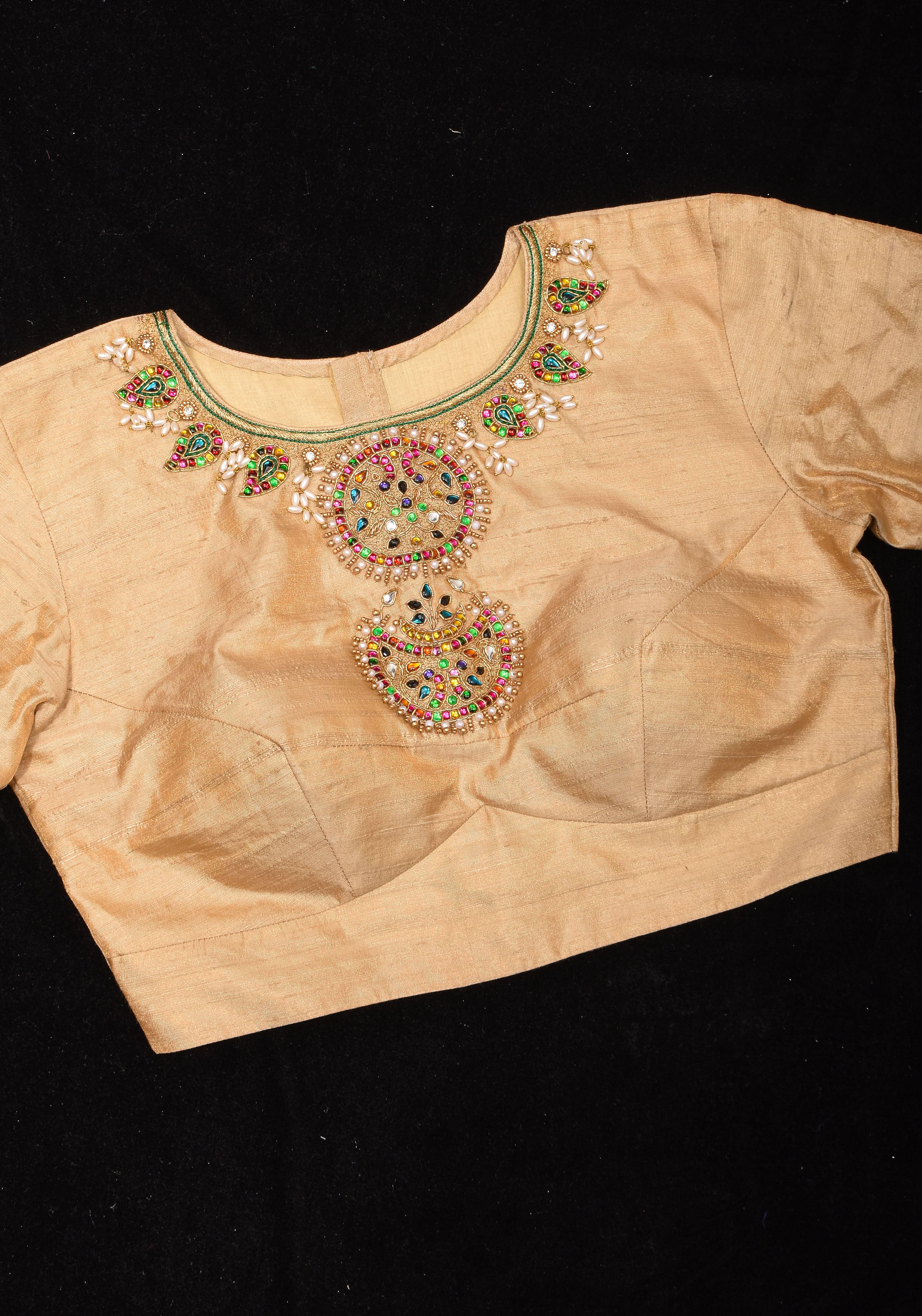 Sandalwood Color Pure Raw Silk Tissue Blouse with multicolor stone Necklace and Bajuband Handwork, Made to Order | Shobitam