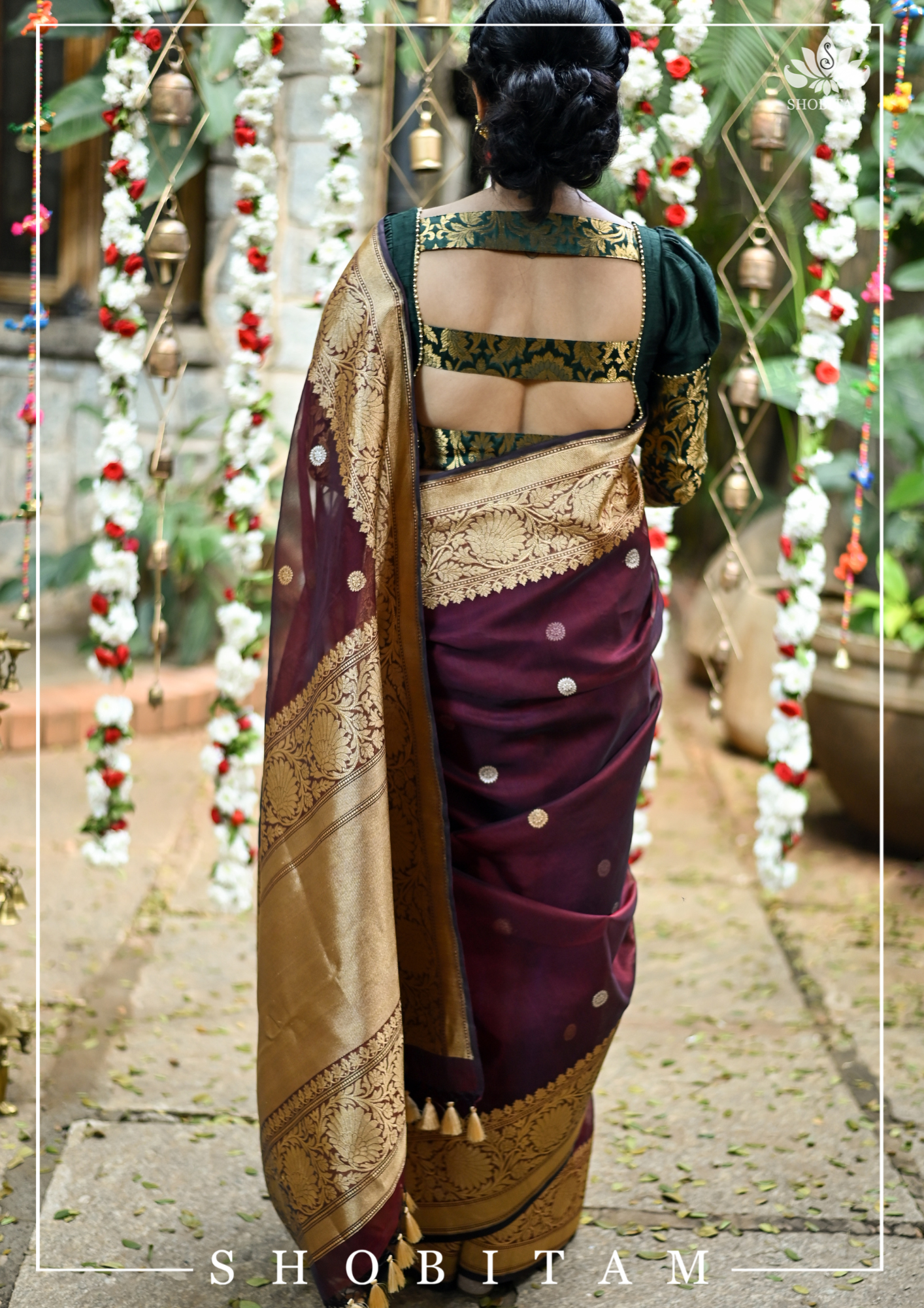 Sacramento Green Puff Sleeve Blouse with Banarasi Brocade Detailing | Shobitam