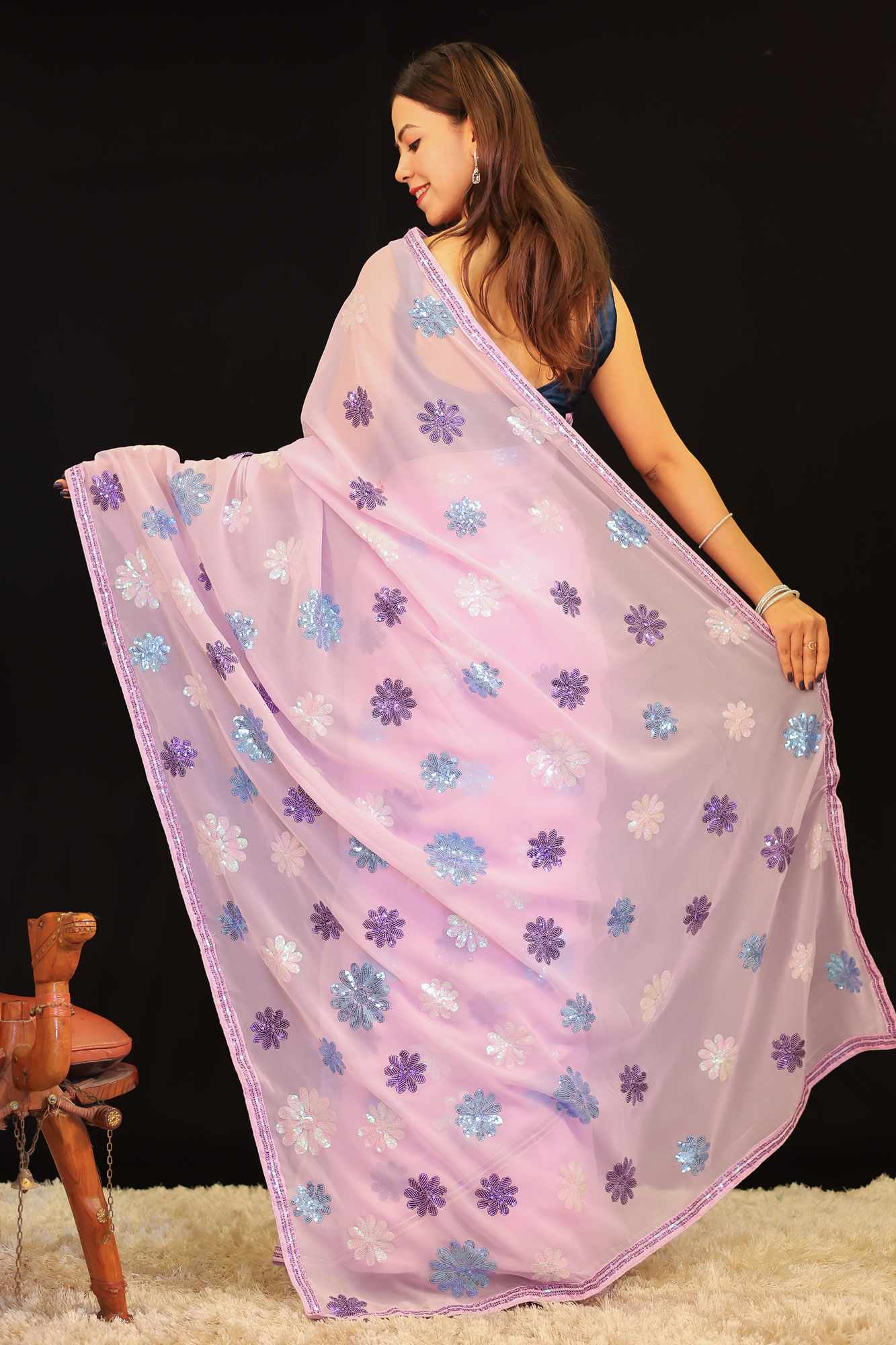 Lavender Toned Georgette With Sequin Interwoven Motif & Lace border 1 Minute Saree