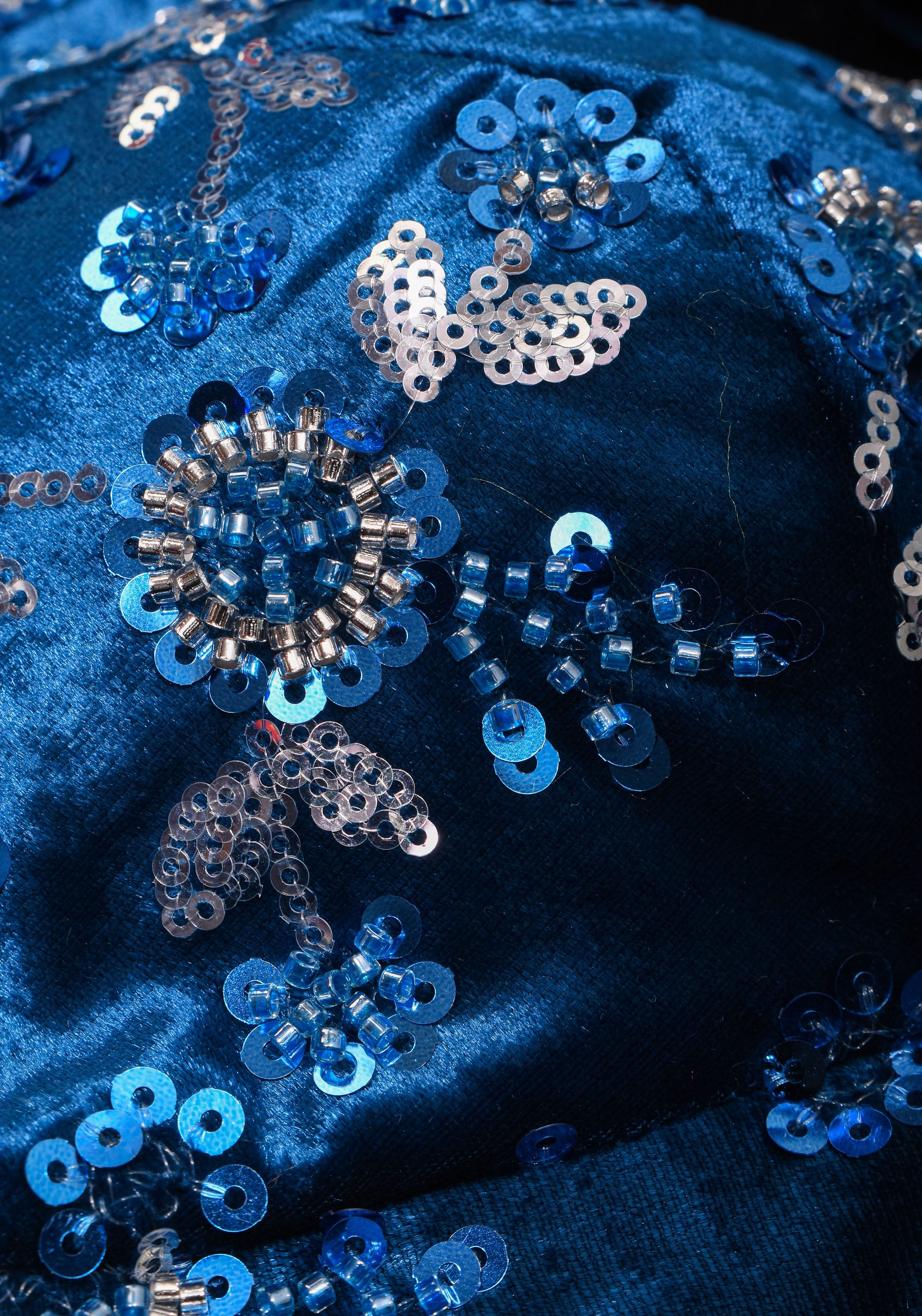 Cobalt Blue Velvet floral embroidery and sequins sleeveless blouse with blue dangling beads at the back | Shobitam