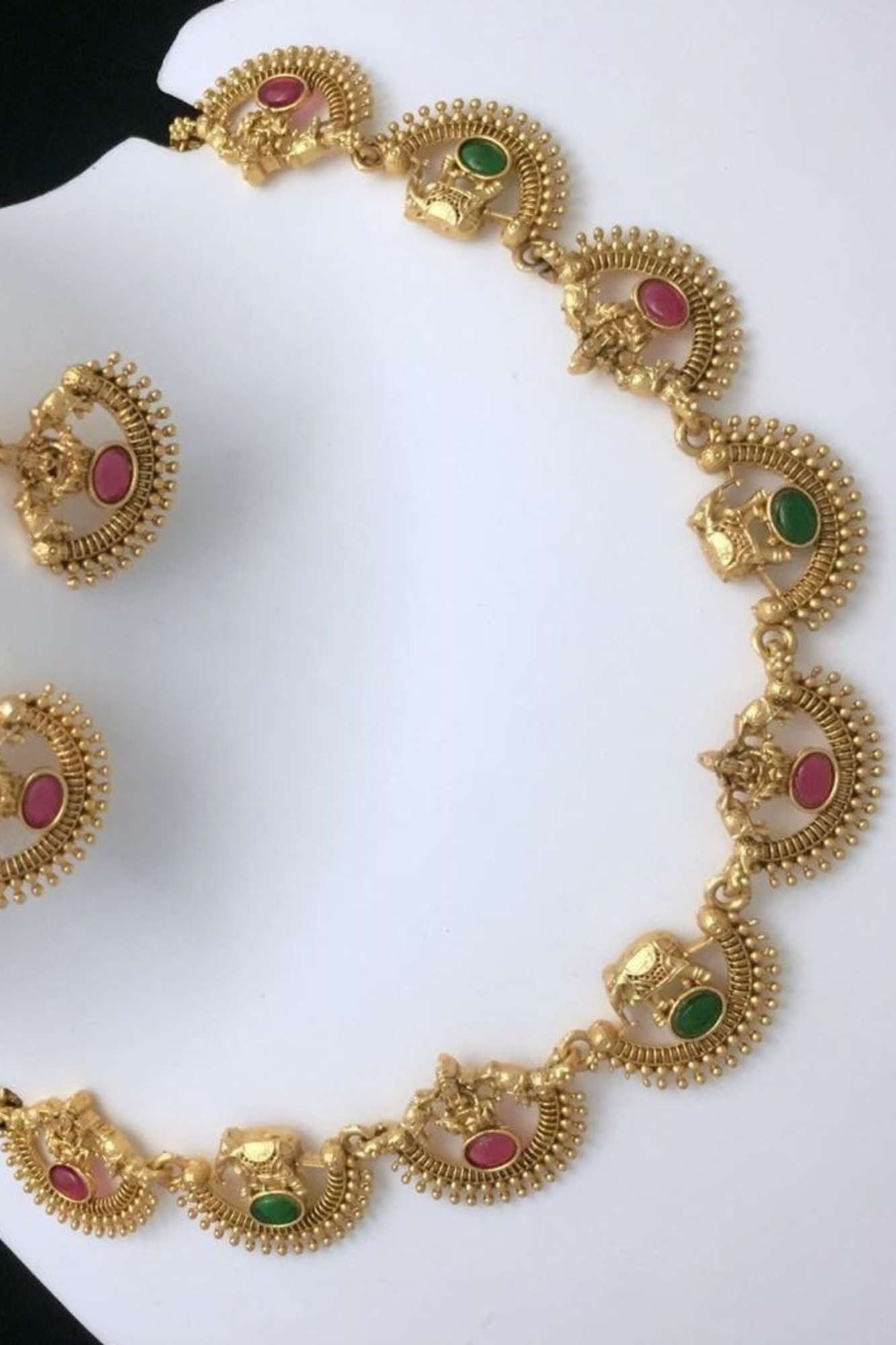 Temple Design Necklace Set with Elephant Motifs and Color Accents With Matching Earring