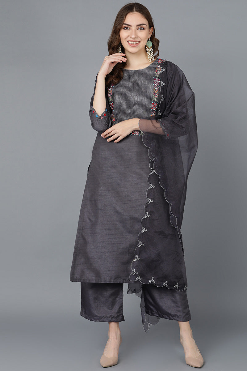 Women Charcoal Poly Silk Embroidered Kurta Trousers With Dupatta | SHOBITAM
