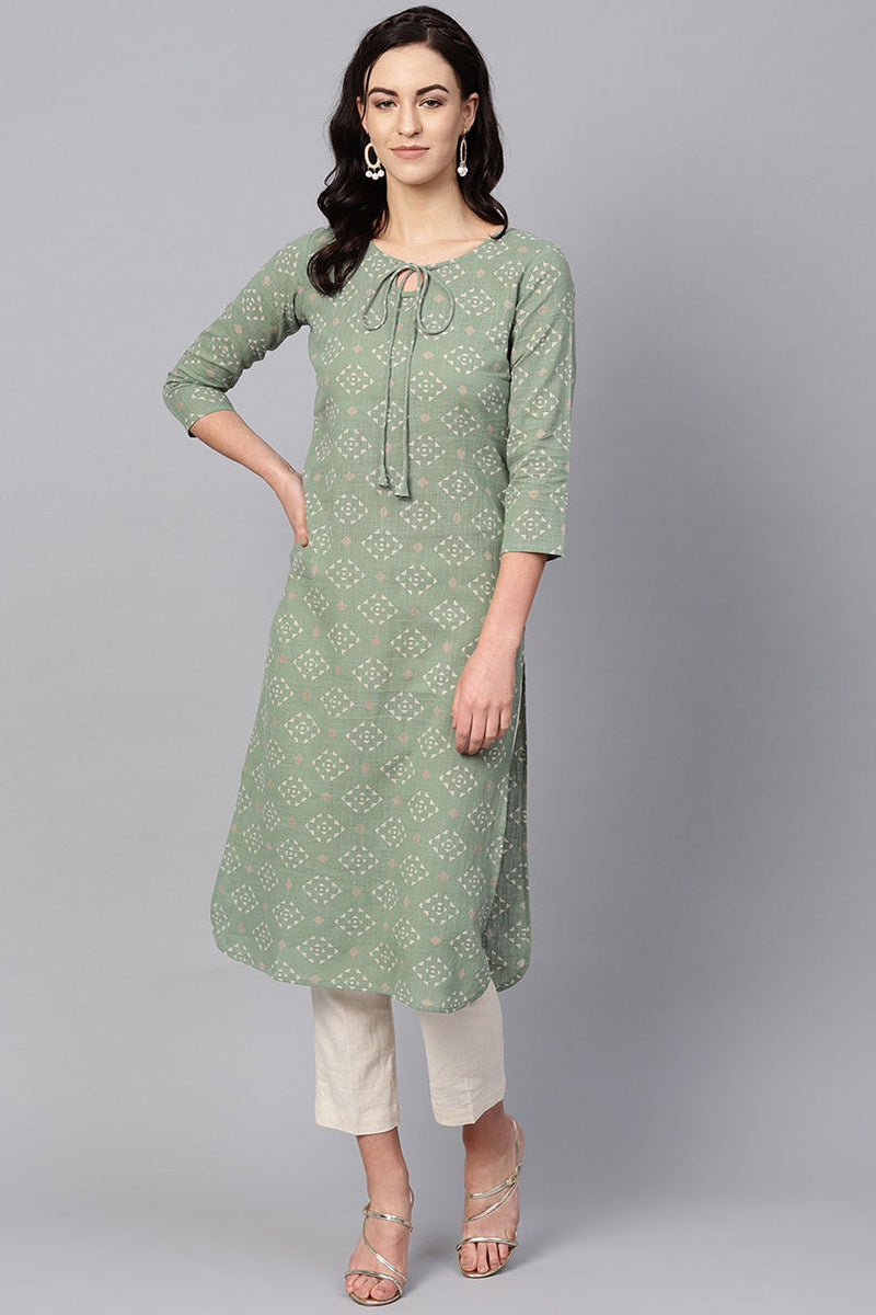 Sea Green Color Printed Trendy Kurti | SHOBITAM