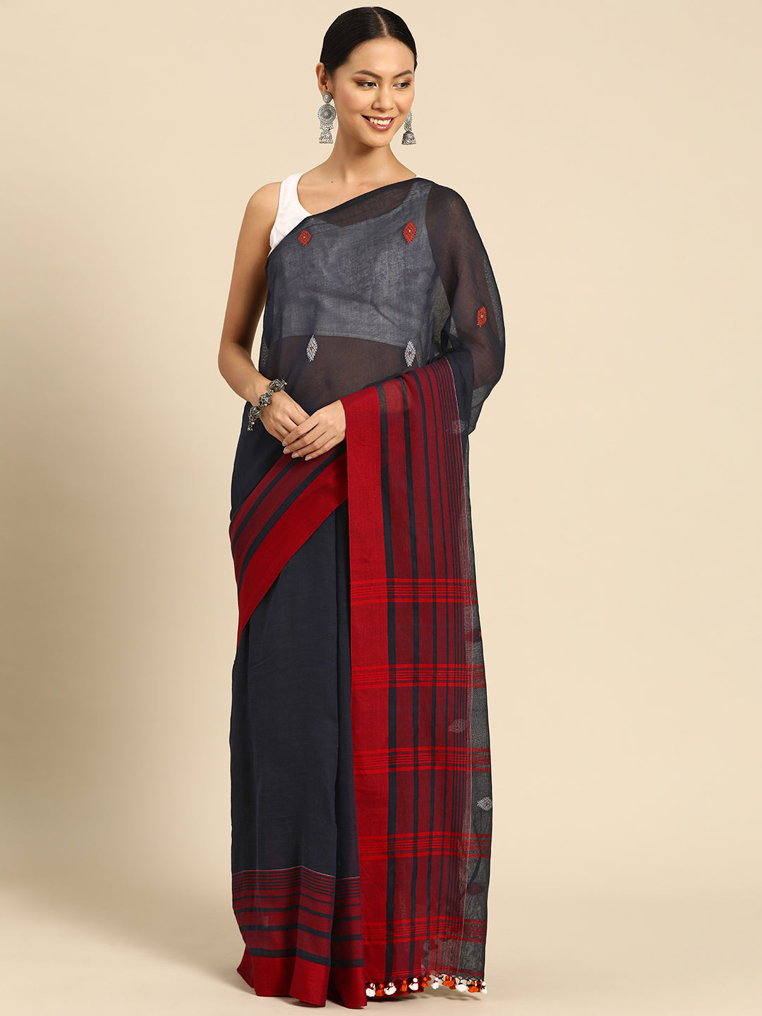 Navy & Orange Cotton Handloom Assamese Saree No Blouse Piece | Shobitam