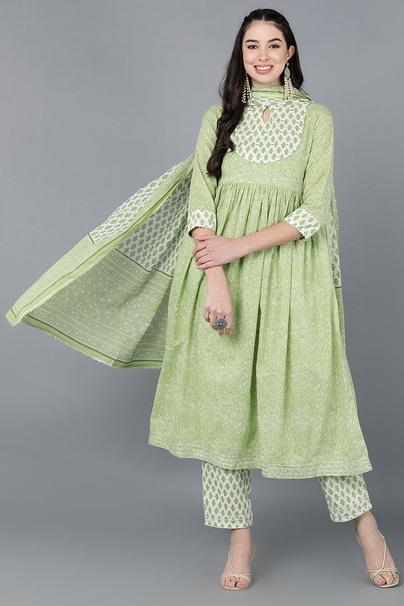 Light Green Cotton Flared Kurta Pant With Dupatta | SHOBITAM