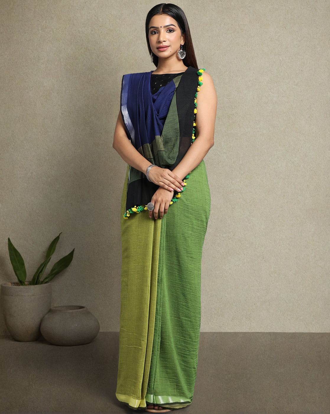 Colour block Cotton Saree with pompoms | Shobitam