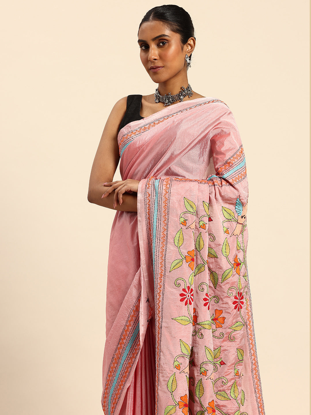 Light Pink Art Silk Kantha Stitch Saree With Blouse Piece | SHOBITAM