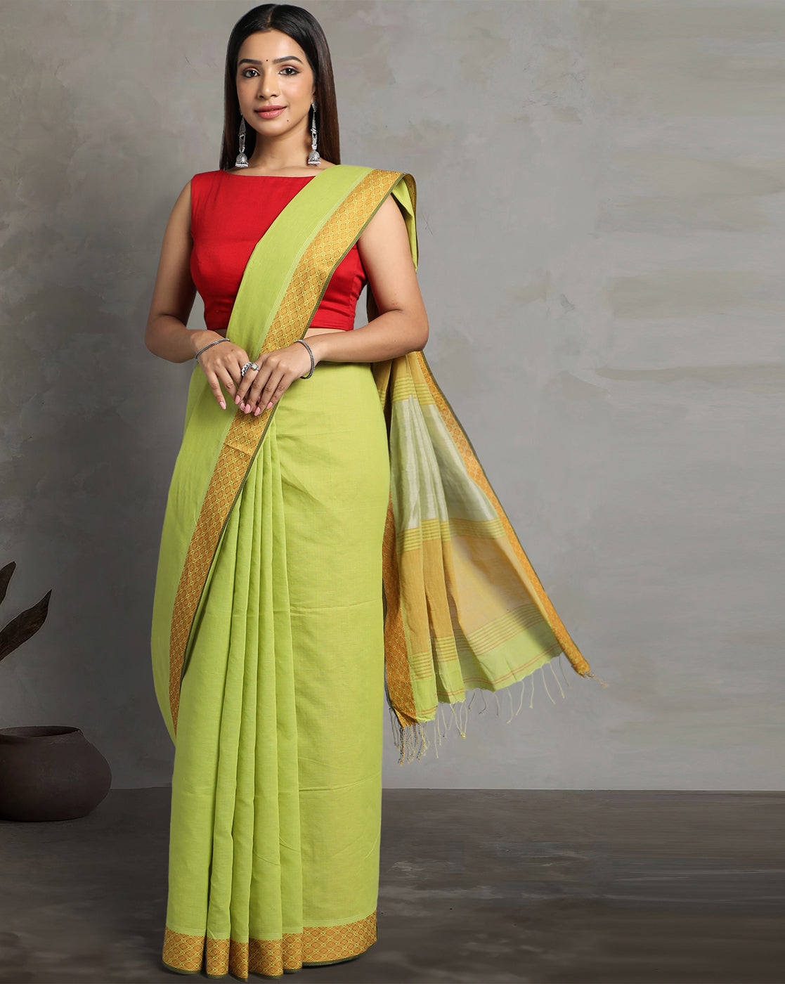 Lime green Golden Jacquard Cotton Saree | Shobitam
