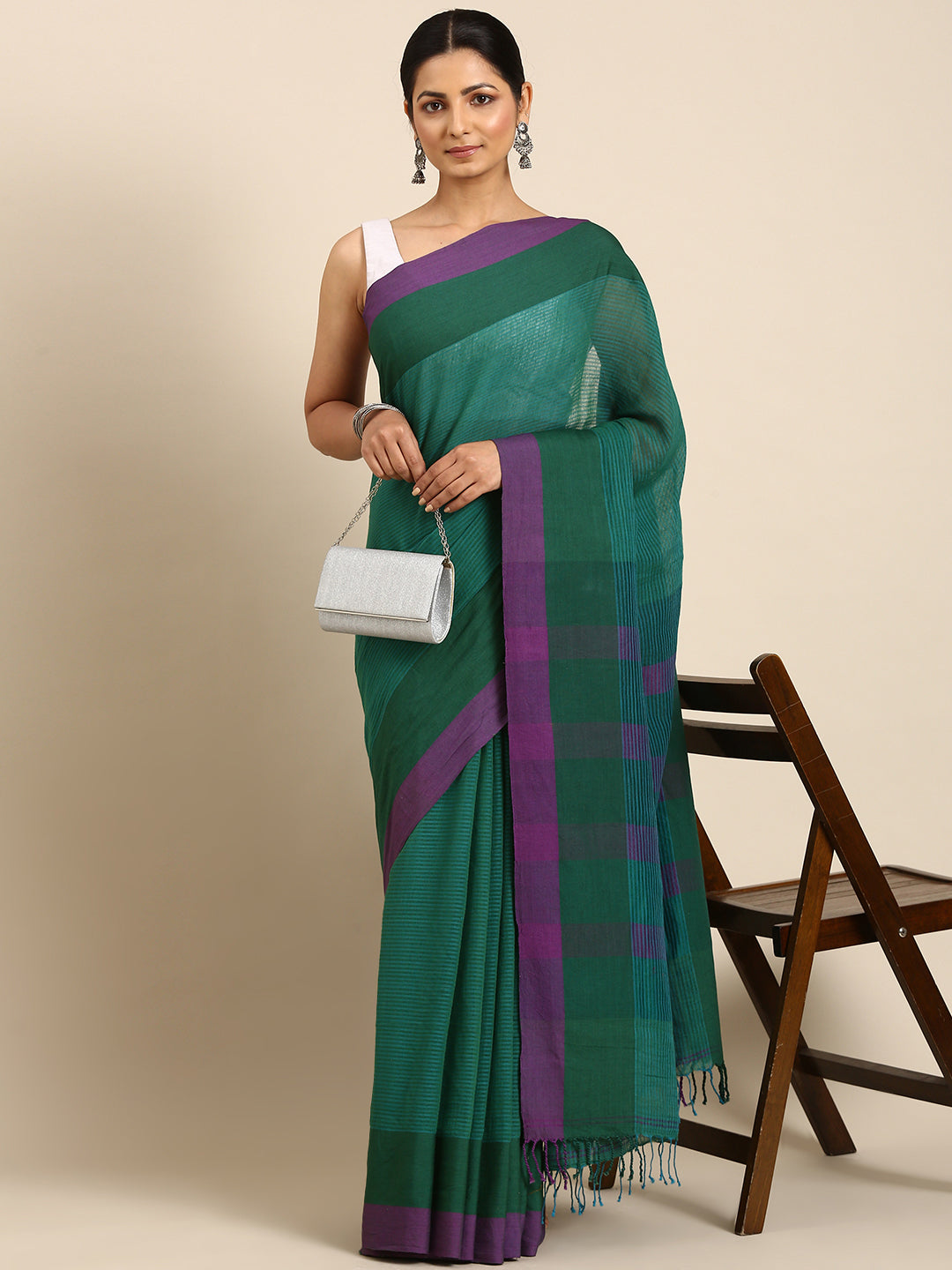 Green Purple Striped Cotton Saree | Shobitam