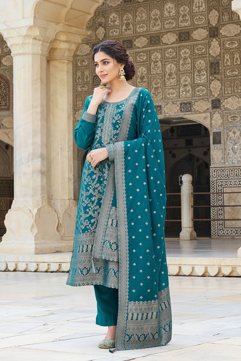 Teal Blue Poly Chanderi Solid Woven Design Straight Trouser Suit Set | SHOBITAM