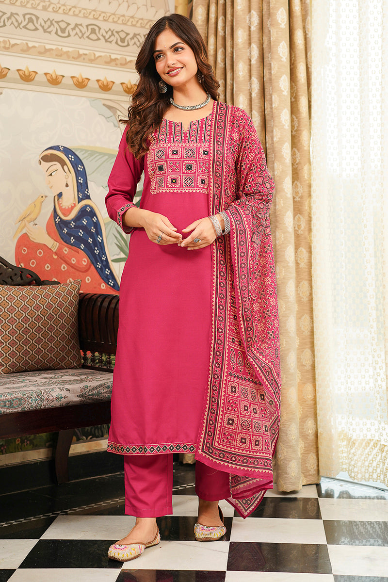 Pink Cotton Blend Ajrakh Printed Straight Kurta Trousers With Dupatta | SHOBITAM