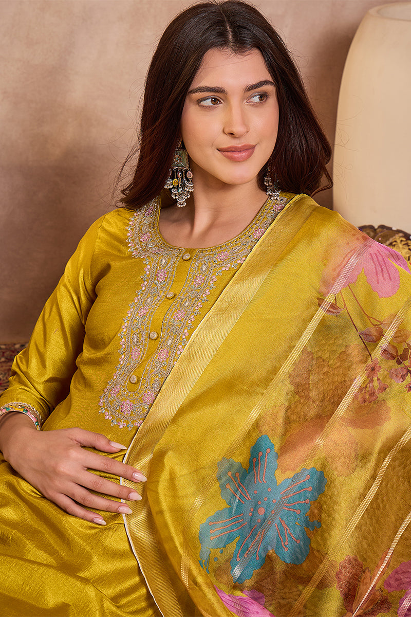 Yellow Silk Blend Solid Embroidered Straight Kurta Trouser With Dupatta | SHOBITAM