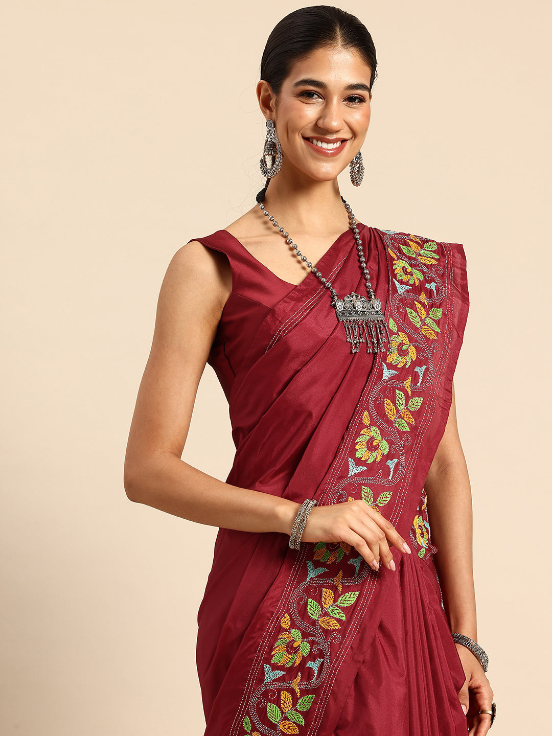 Red Bird Design Artsilk Kantha Saree with Blouse piece | SHOBITAM