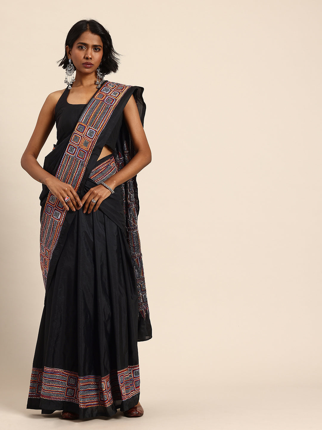 Black ArtSilk Kantha Saree with Blouse piece | SHOBITAM