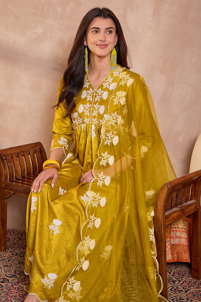 Mustard Silk Blend Solid Embroidered A-Line Kurta Trouser With Dupatta | Shobitam