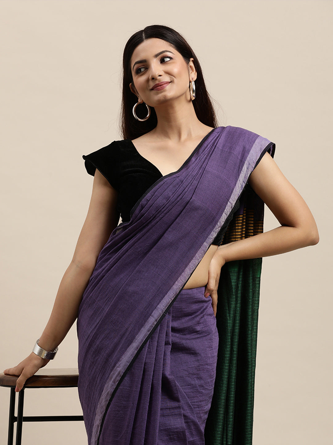 Purple Green Colour Block Cotton Saree with pompoms | Shobitam