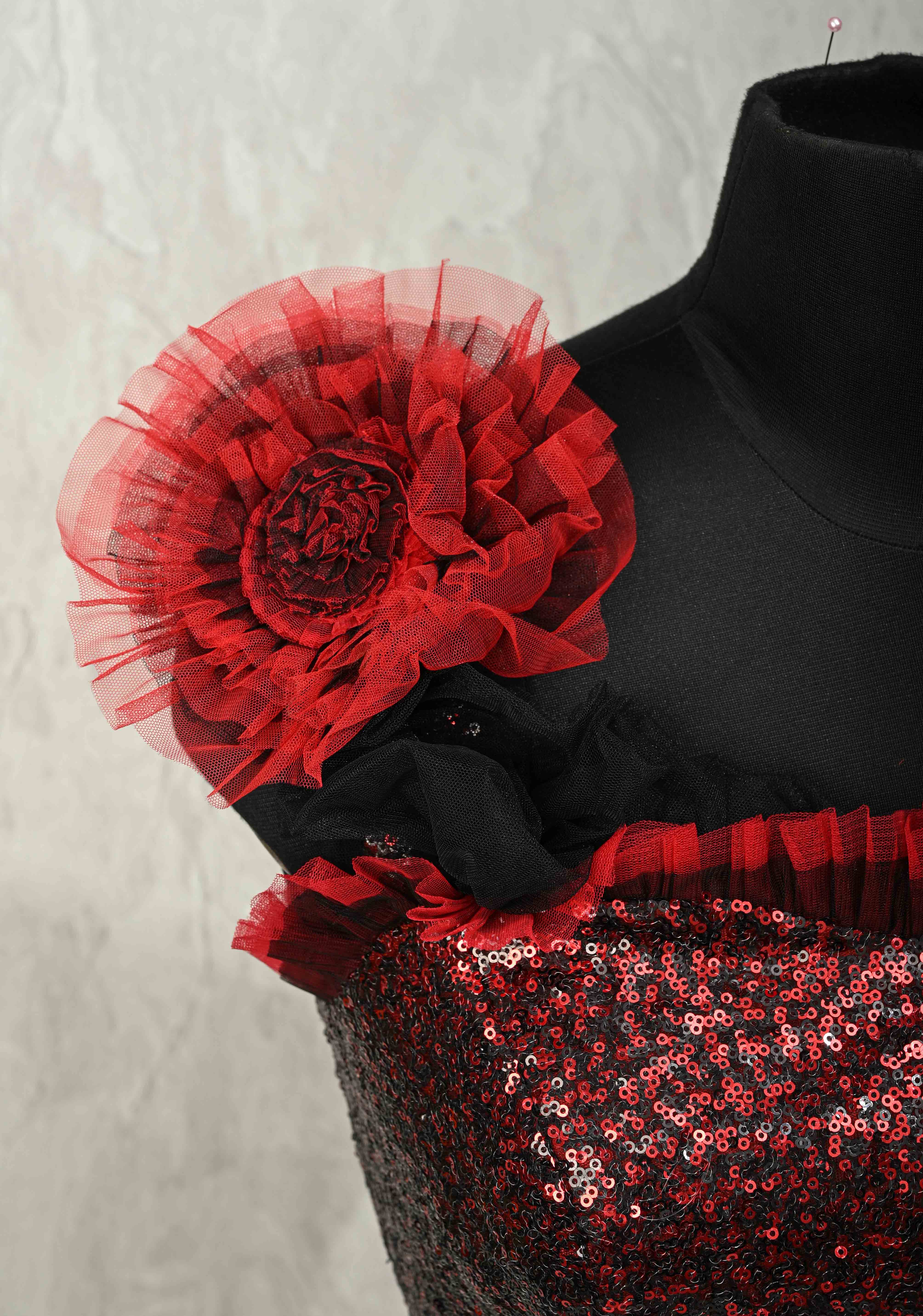 SIZE 36" Red & Black Sequin Corset Strappy Crop Top Blouse with Ruffled 3D Flower Detail and Lace-Up Back | Shobitam