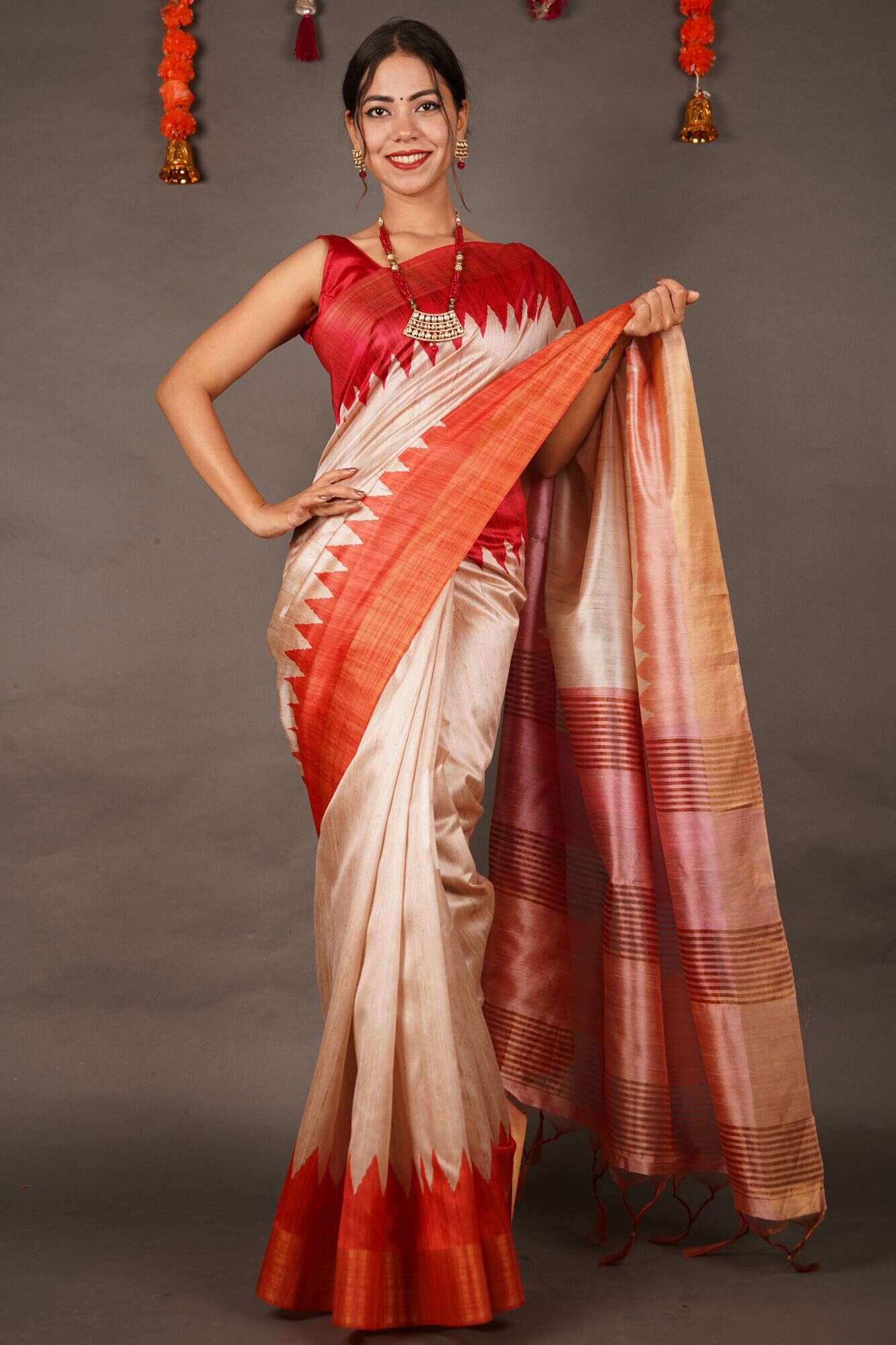 Ready To Wear Beige & Red Temple Border Tussar Wrap in 1 minute saree With Readymade Blouse - Isadora Life Online Shopping Store