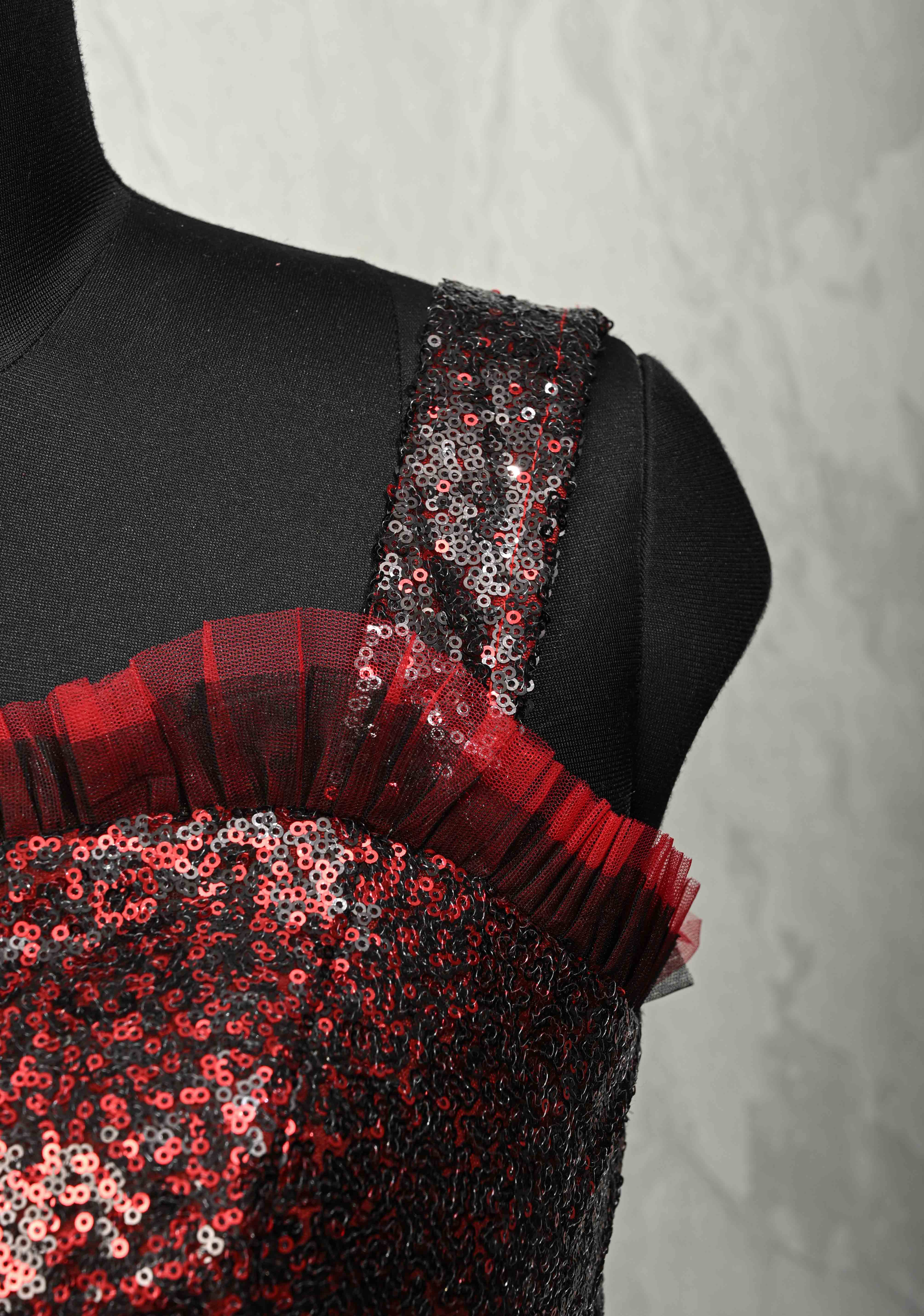 SIZE 36" Red & Black Sequin Corset Strappy Crop Top Blouse with Ruffled 3D Flower Detail and Lace-Up Back | Shobitam