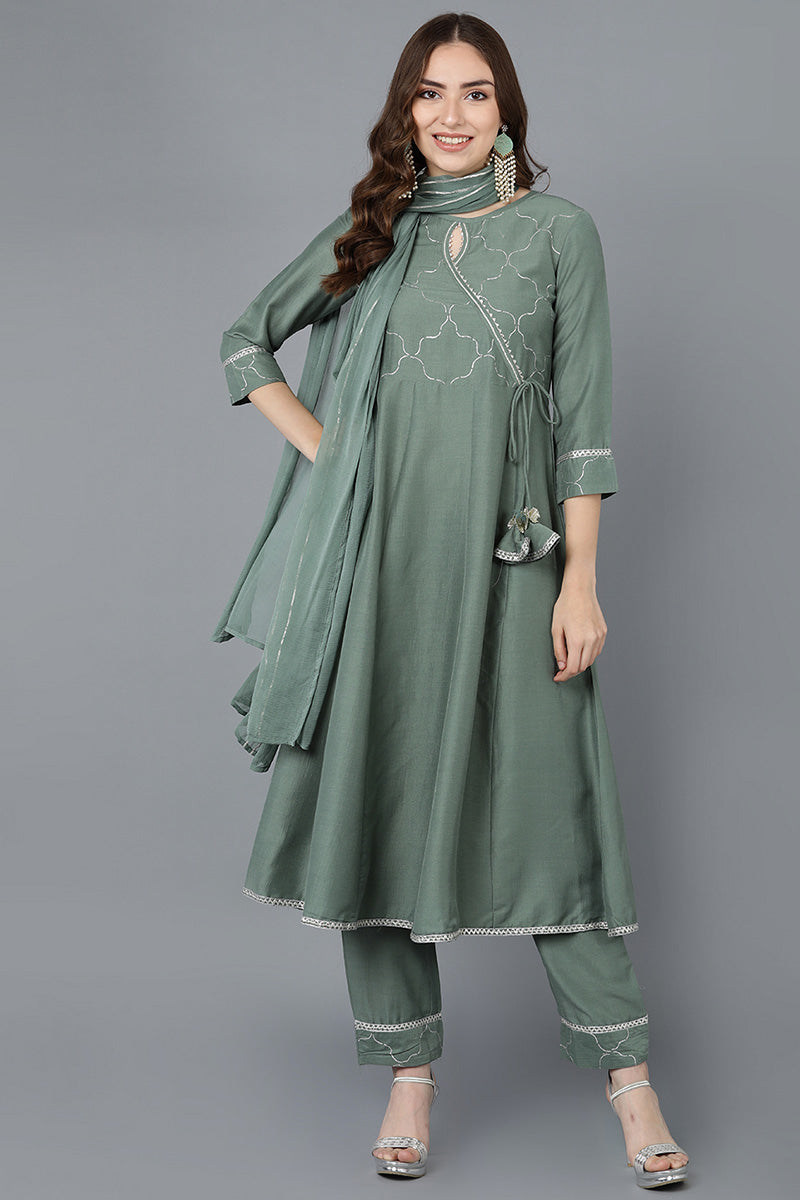 Teal Poly Silk Embroidered Kurta Trousers With Dupatta | SHOBITAM