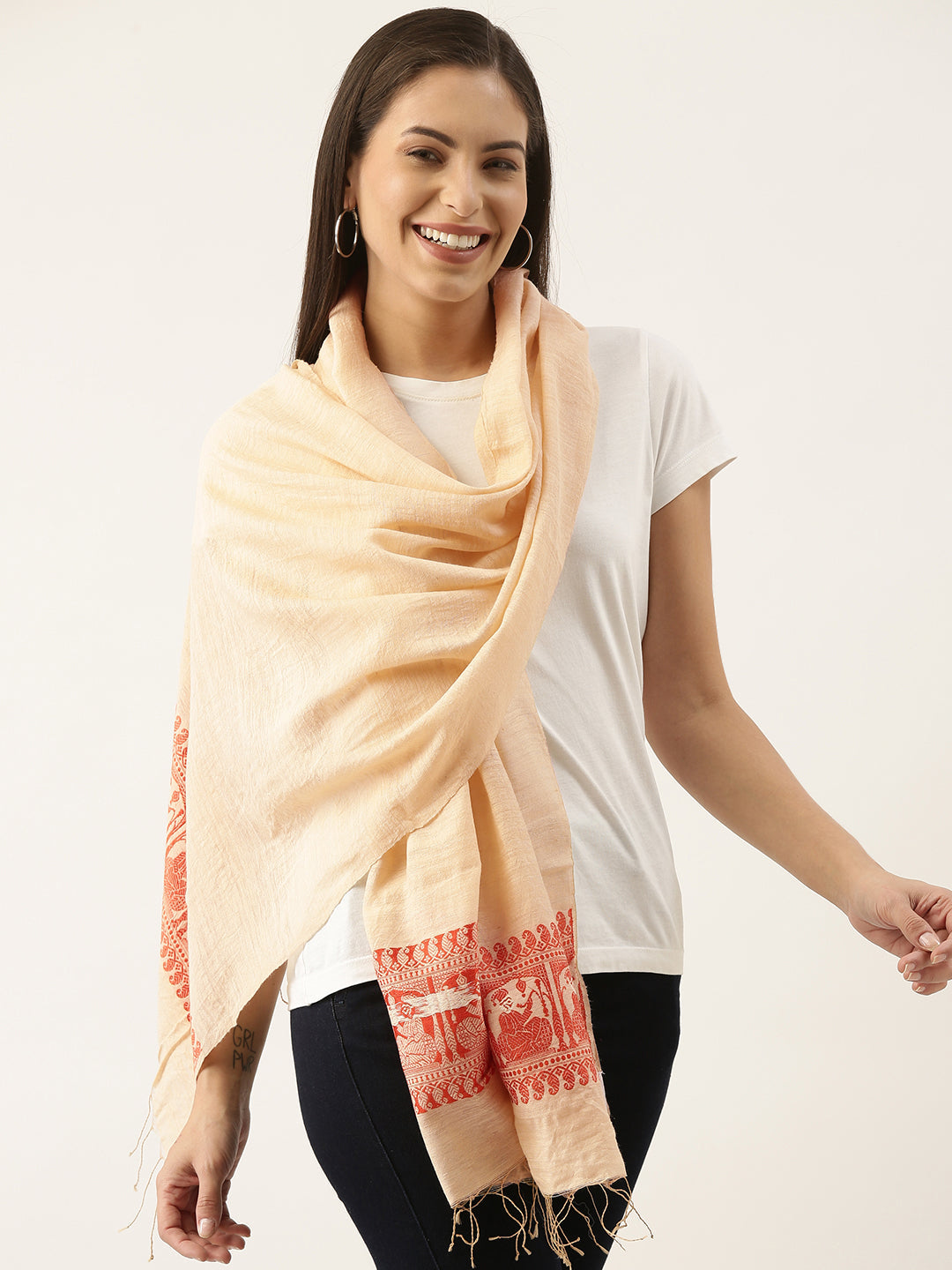 Peach and Orange Nawab Baluchari Silk Cotton Stole | SHOBITAM