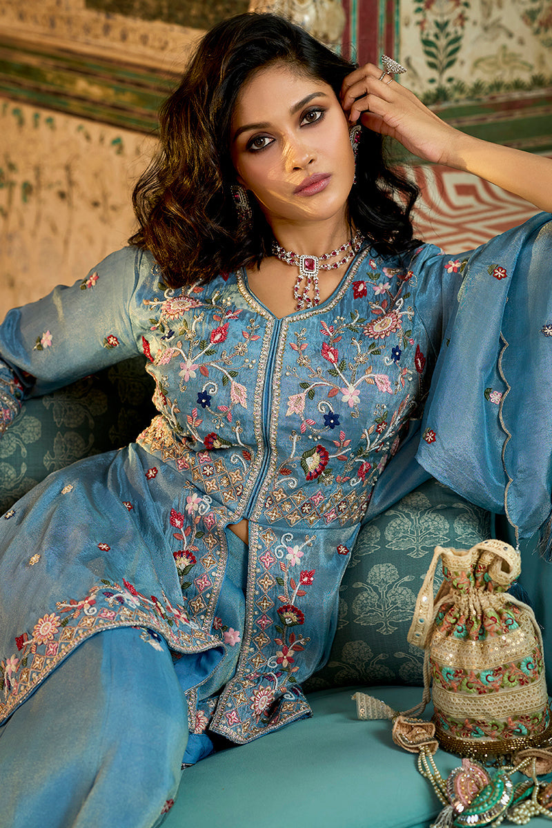 Blue Solid Embroidered Straight Kurta Palaazo with Dupatta | SHOBITAM