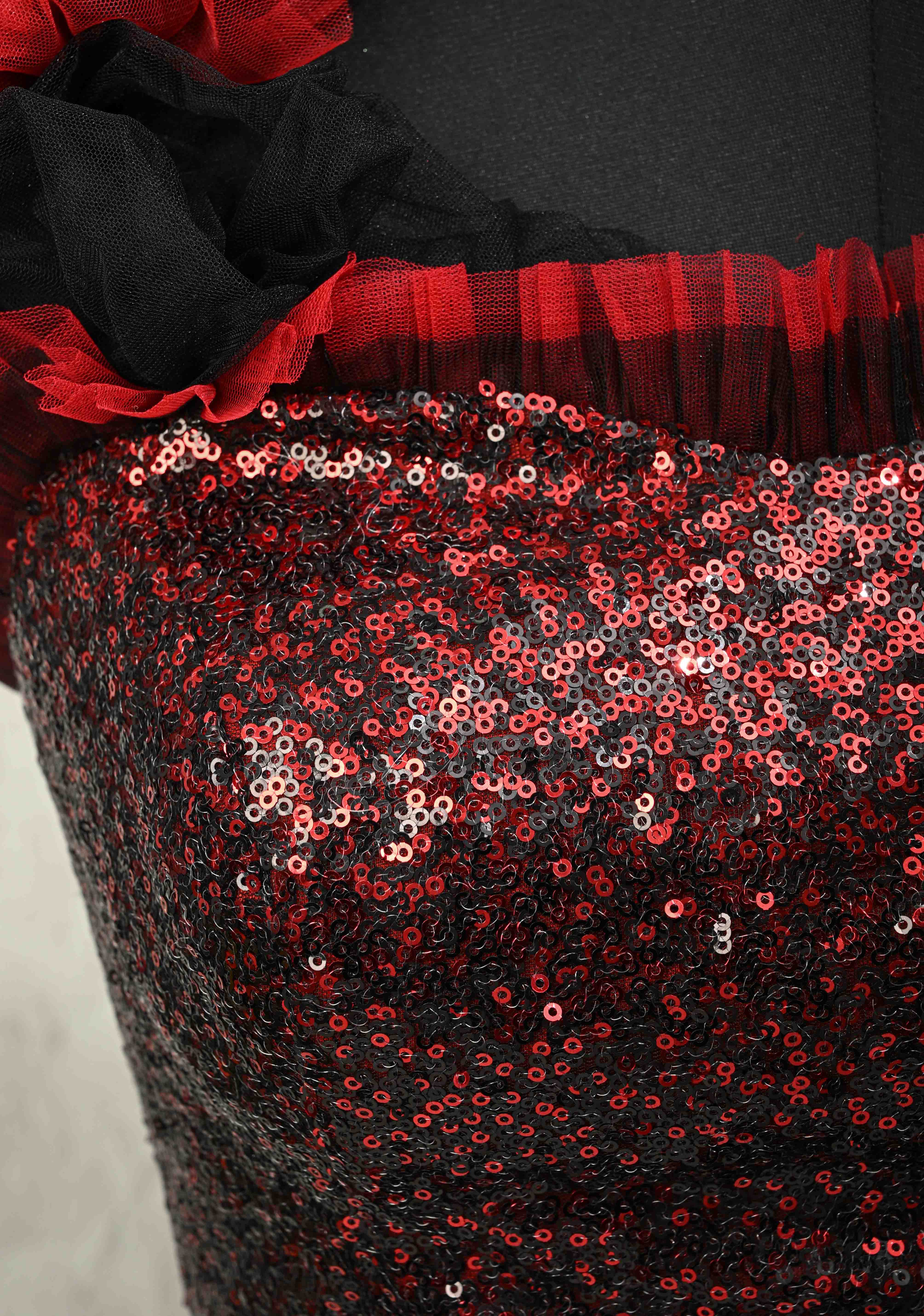 SIZE 36" Red & Black Sequin Corset Strappy Crop Top Blouse with Ruffled 3D Flower Detail and Lace-Up Back | Shobitam