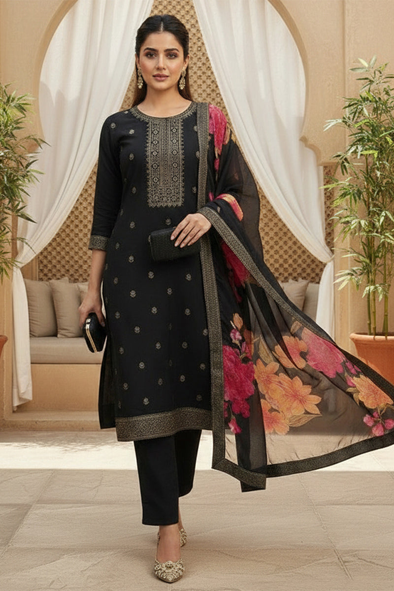 Black Silk Blend Ethnic Motifs Stoning Straight Kurta Trouser with Dupatta | SHOBITAM
