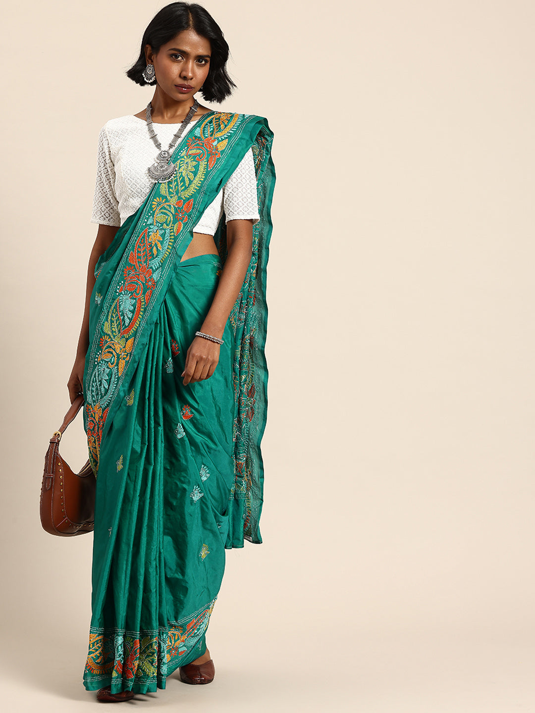 Green Art Silk Kantha Saree with Blouse piece | SHOBITAM