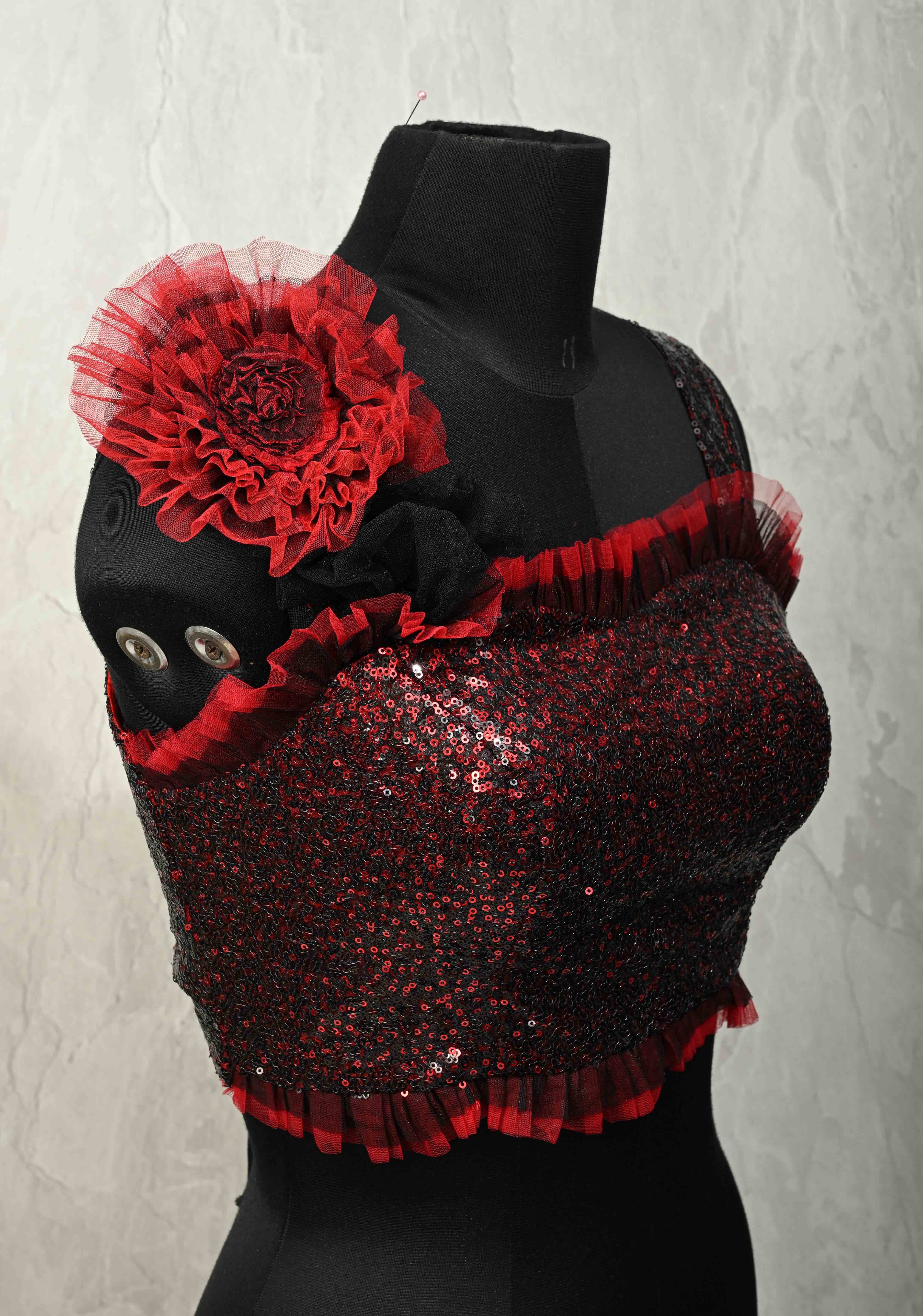 SIZE 36" Red & Black Sequin Corset Strappy Crop Top Blouse with Ruffled 3D Flower Detail and Lace-Up Back | Shobitam