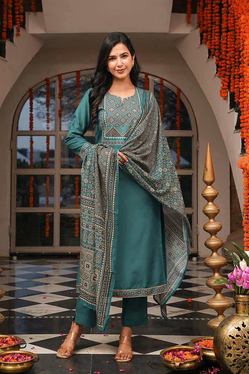 Teal Rayon Blend Ajrakh Printed Straight Kurta Trousers With Dupatta | SHOBITAM