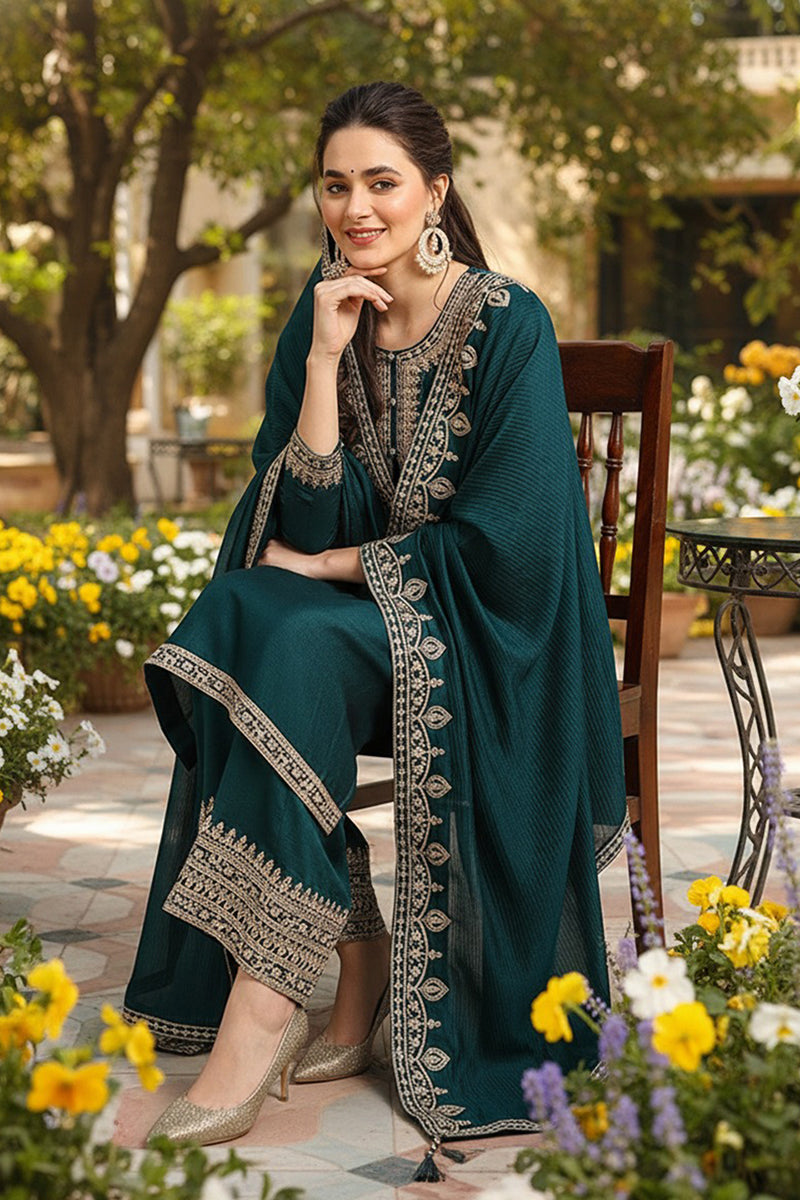 Green Silk Blend Solid Embroidered Straight Suit Set | SHOBITAM