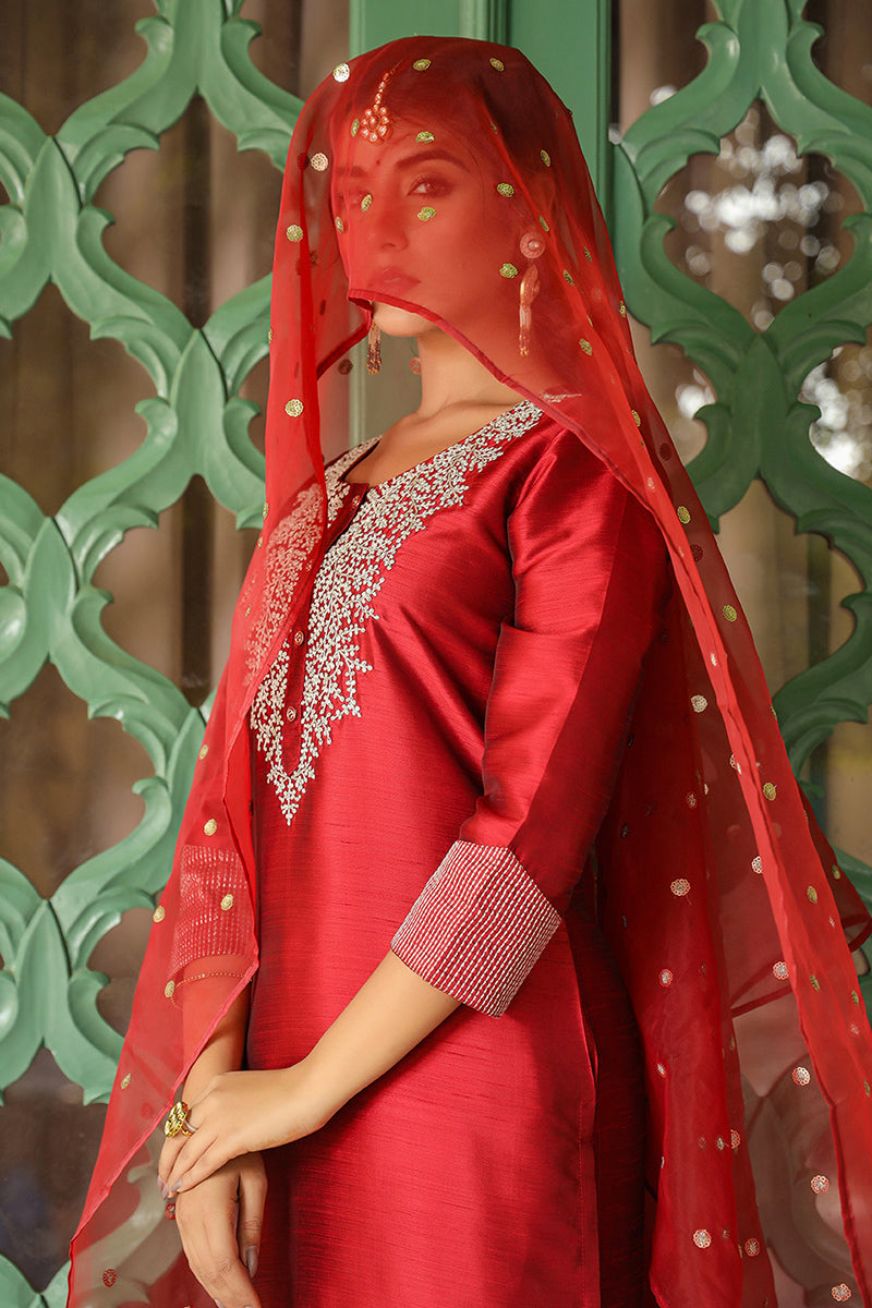 Maroon Poly Silk Solid Yoke Design Kurta Trousers With Dupatta | SHOBITAM