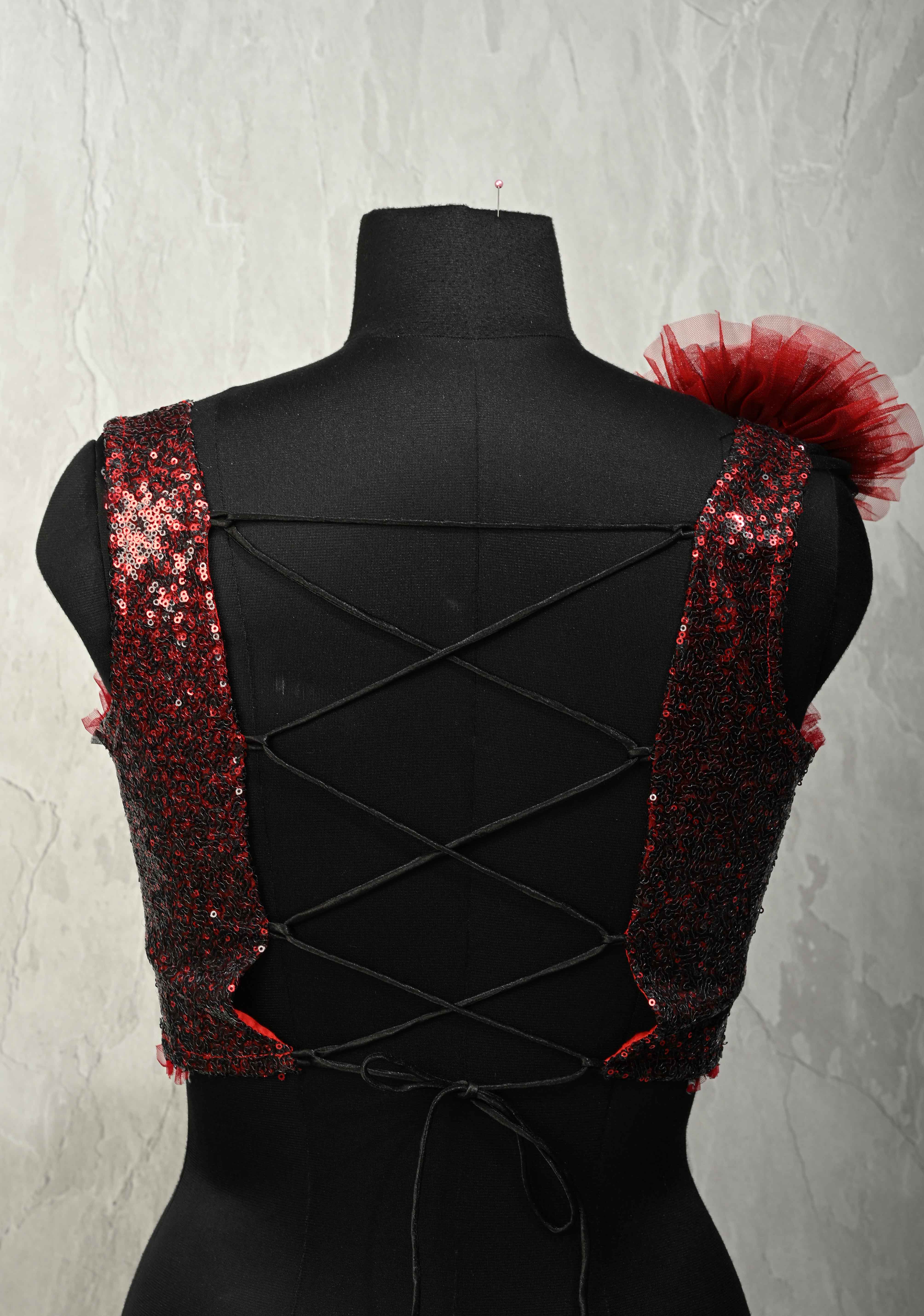 SIZE 36" Red & Black Sequin Corset Strappy Crop Top Blouse with Ruffled 3D Flower Detail and Lace-Up Back | Shobitam