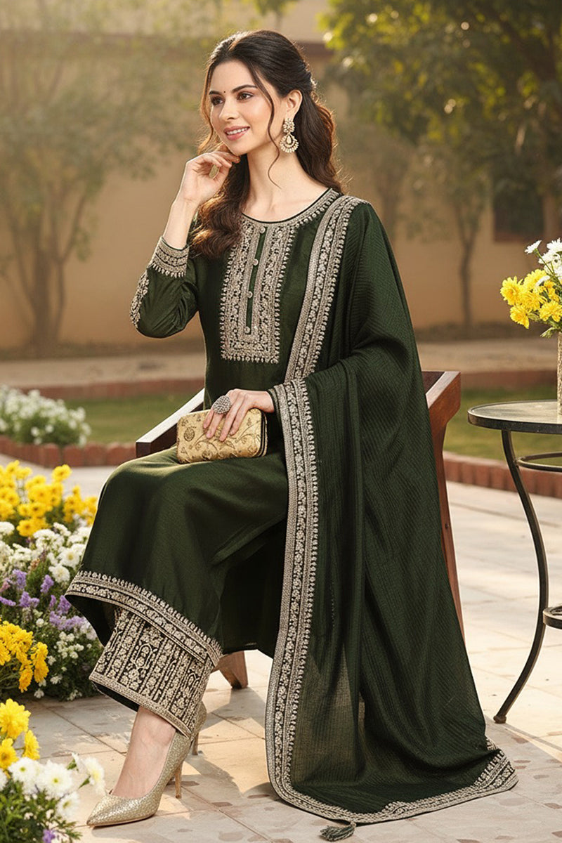 Green Silk Blend Solid Embroidered Straight Style Suit Set | SHOBITAM