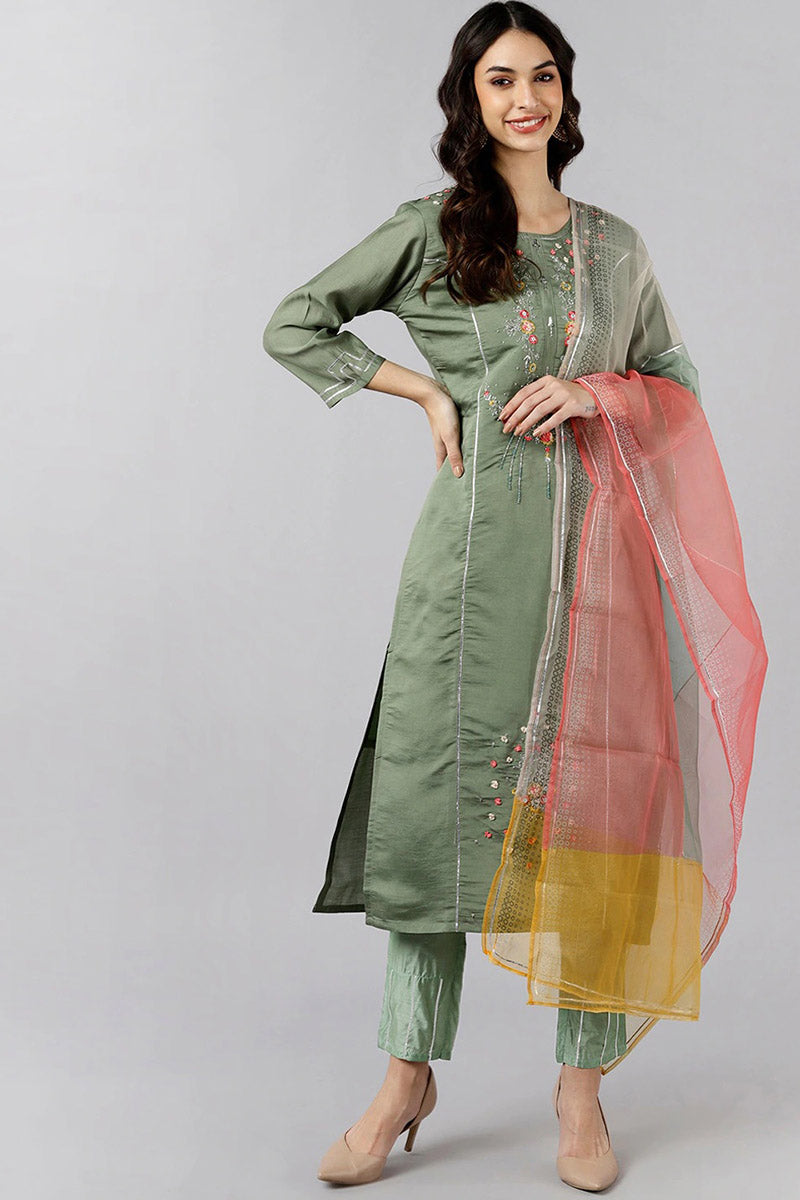 Olive Green Poly Silk Embroidered Straight Suit Set | SHOBITAM