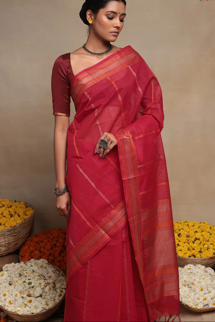 Magenta Handloom Kanchi Cotton Saree With Stripes | Shobitam